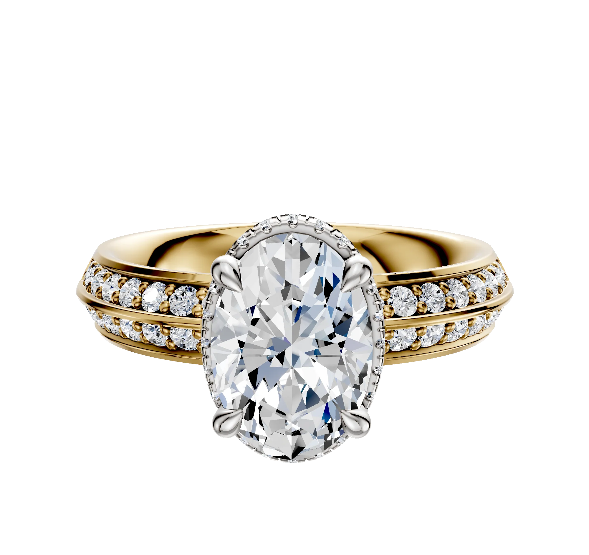 14K Two Tone 4 Prong Collar Classic Knife Edge 1-Row-Pave 2.5mm Engagement Ring