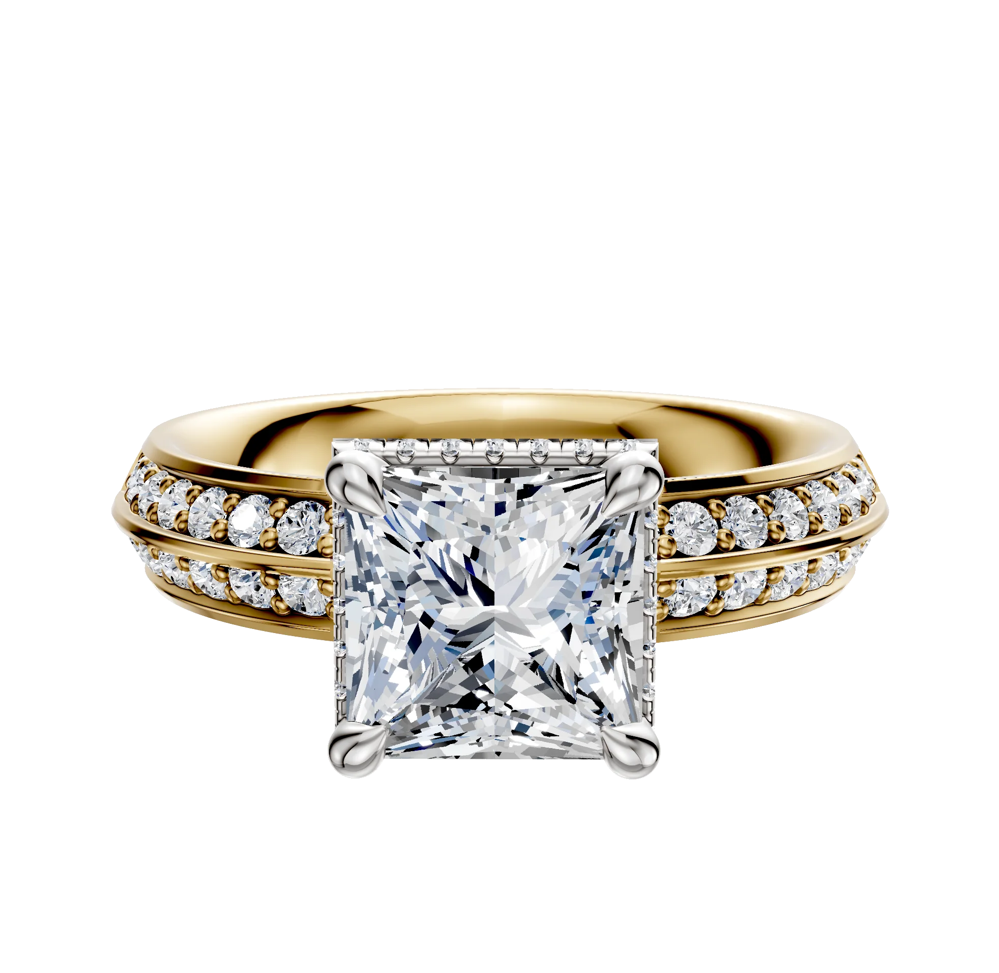 14K Two Tone 4 Prong Collar Classic Knife Edge 1-Row-Pave 2.5mm Engagement Ring