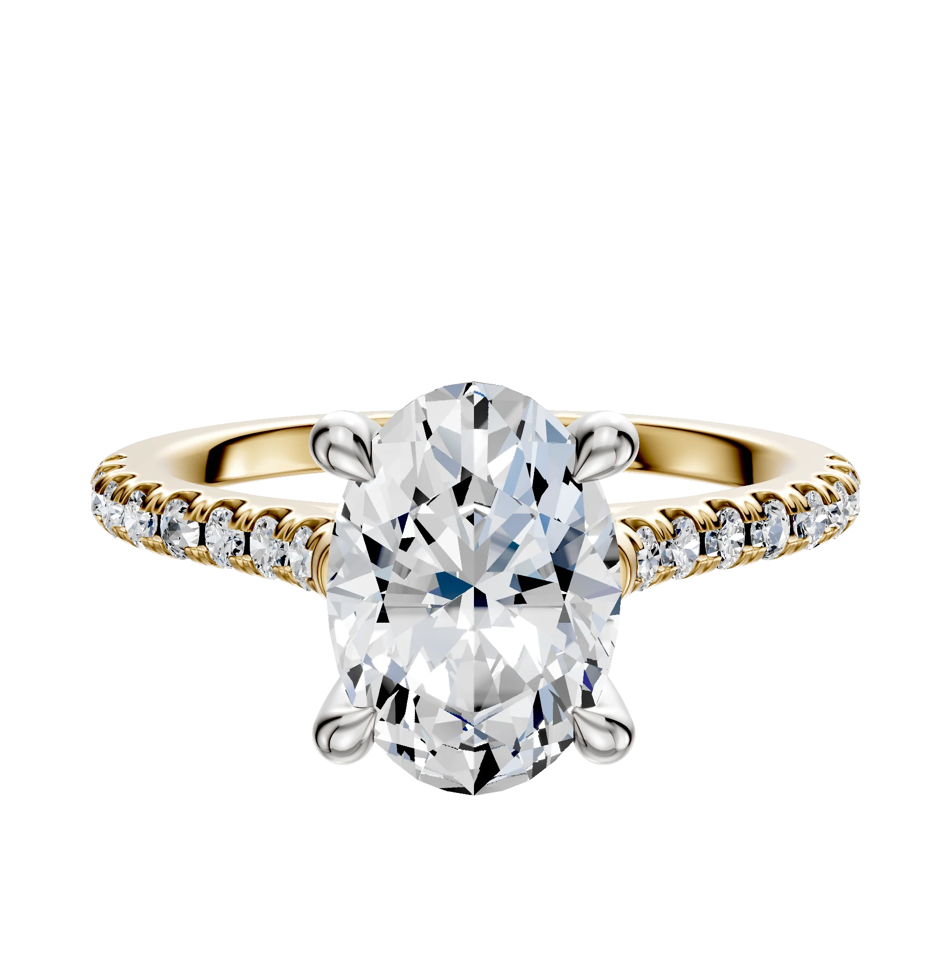 14K Two Tone 4 Prong Hidden Halo Cathedral Dome 1-Row-Pave 2.5mm Engagement Ring
