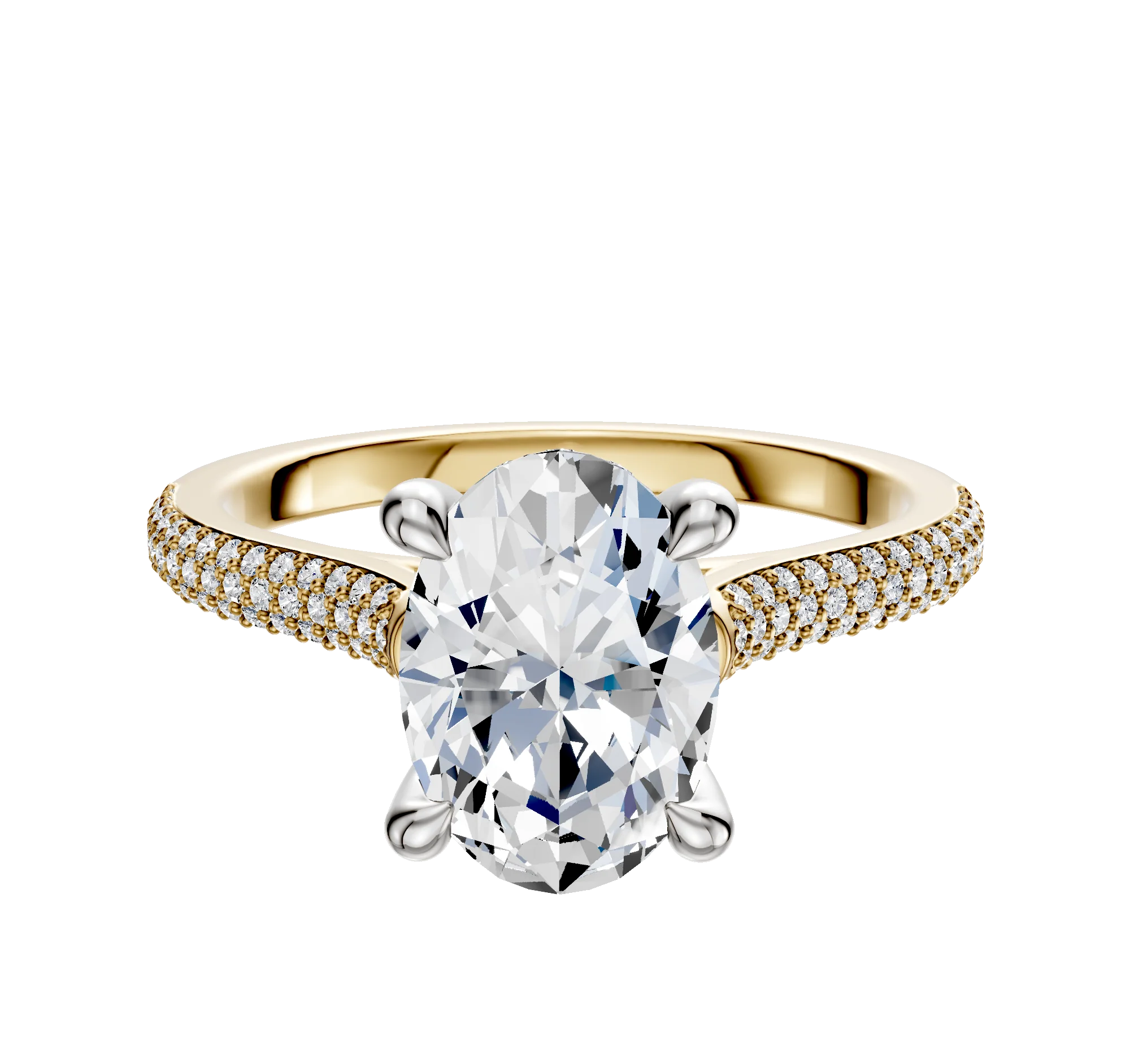 14K Two Tone 4 Prong Hidden Halo Cathedral Dome 3-Row-Pave 2.0mm Engagement Ring