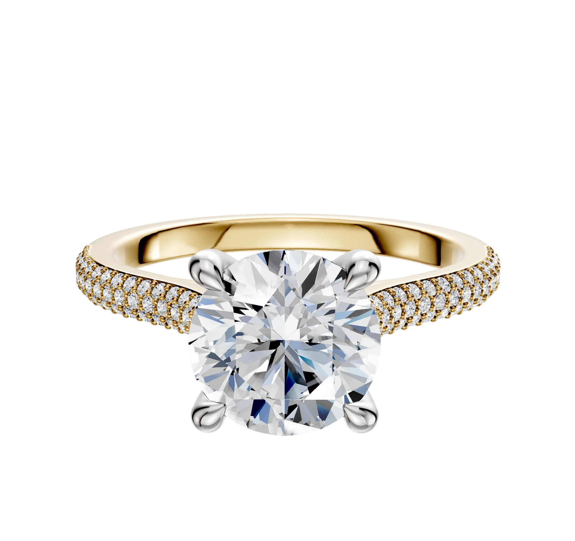 14K Two Tone 4 Prong Hidden Halo Cathedral Dome 3-Row-Pave 2.0mm Engagement Ring