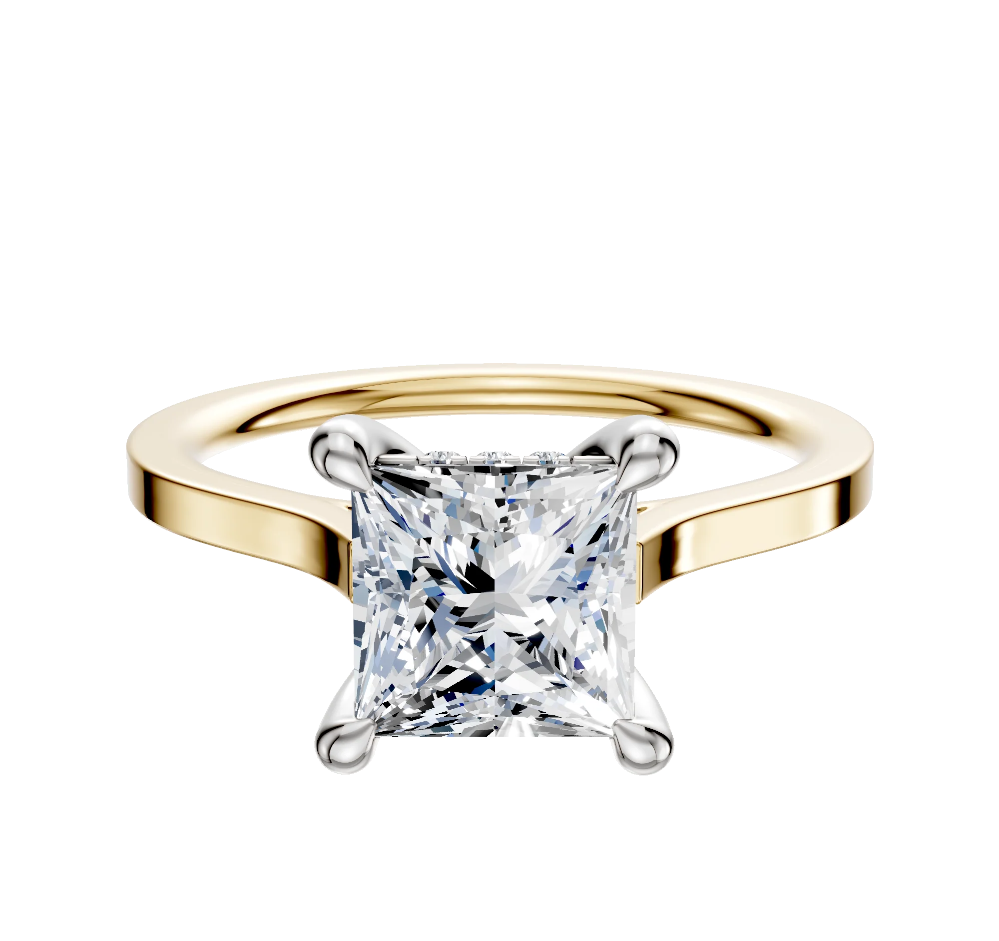 14K Two Tone 4 Prong Hidden Halo Cathedral Flat 1.5mm Engagement Ring