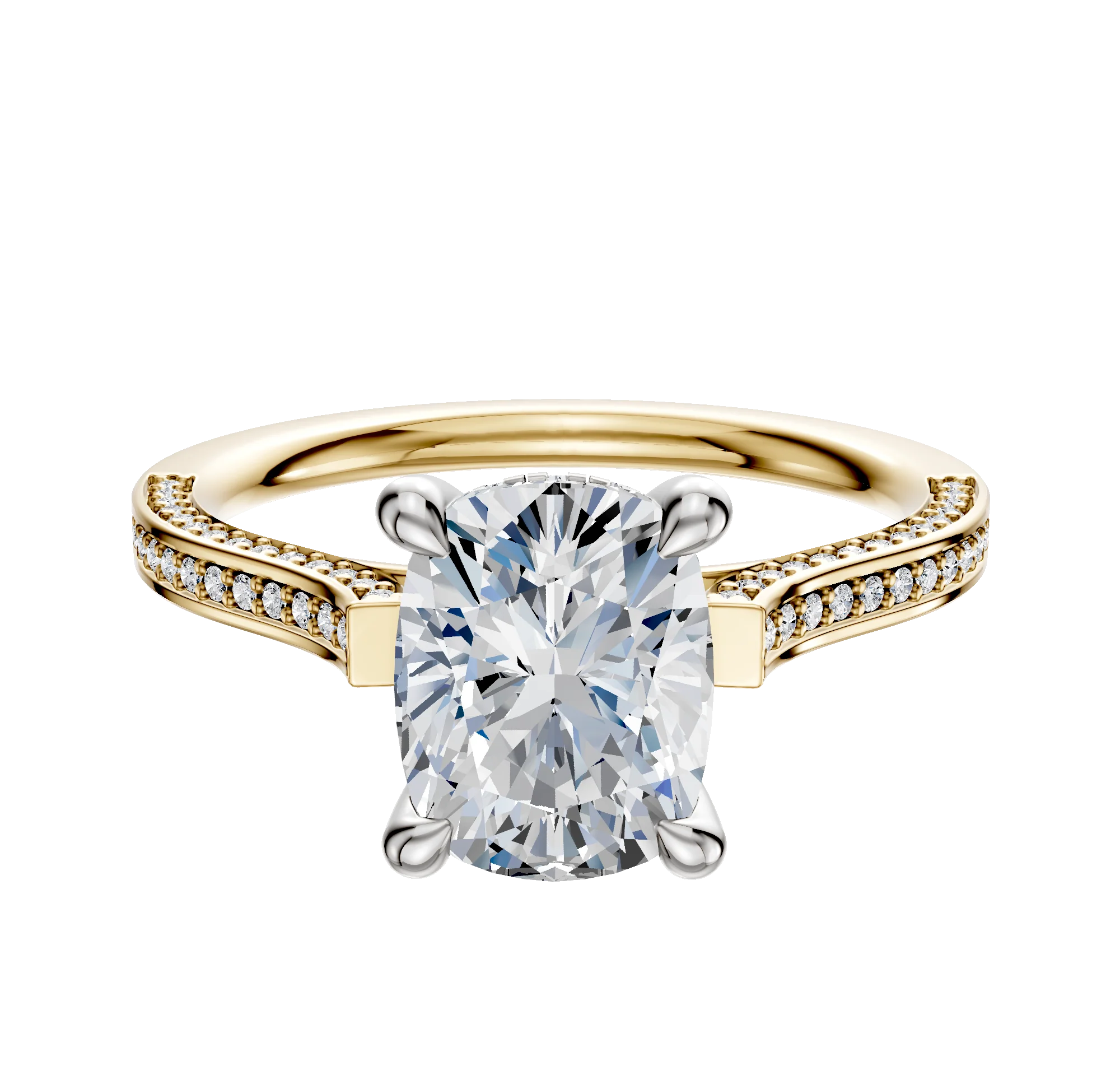 14K Two Tone 4 Prong Hidden Halo Cathedral Flat 3-Row-Pave 2.0mm Engagement Ring