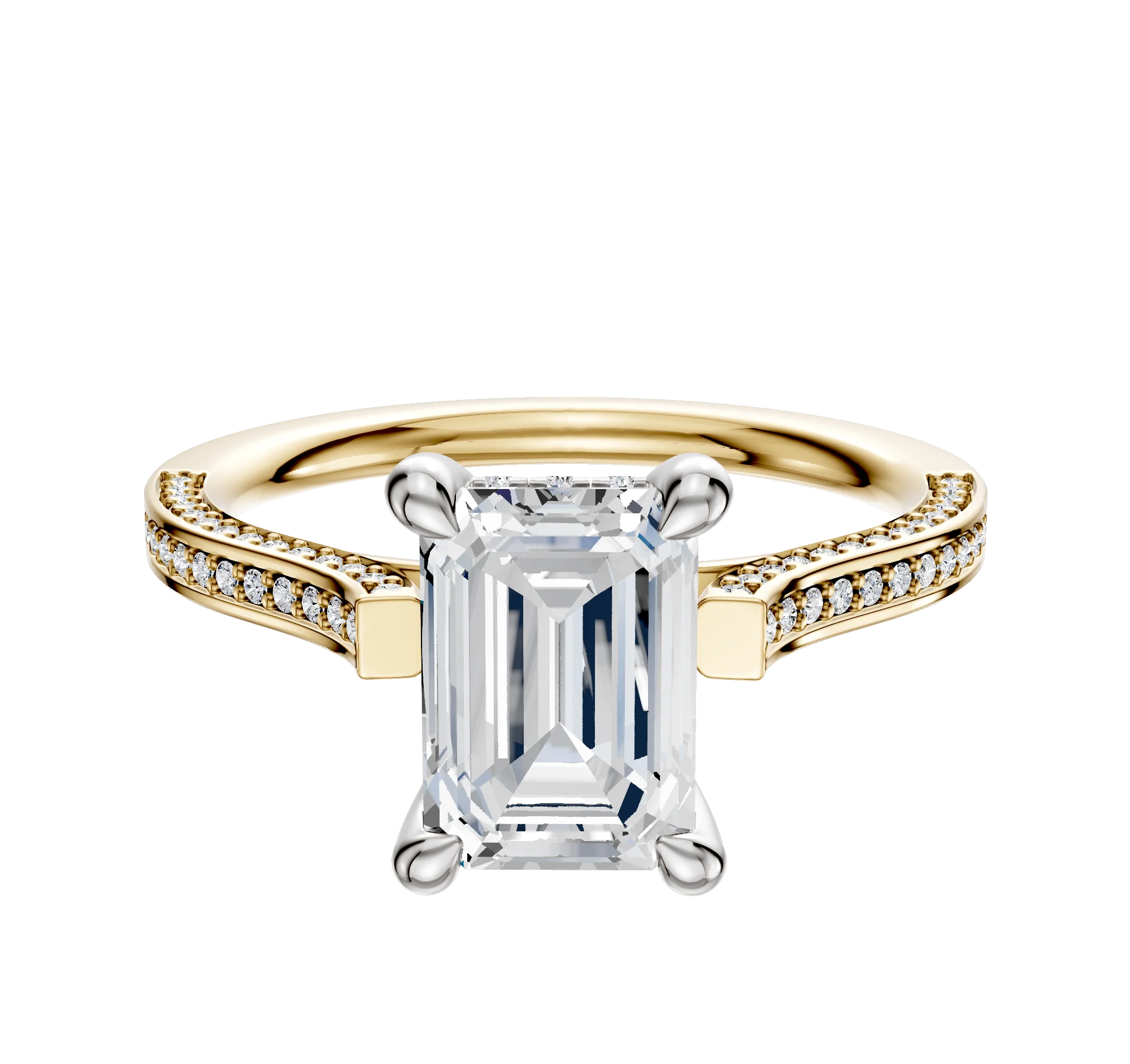 14K Two Tone 4 Prong Hidden Halo Cathedral Flat 3-Row-Pave 2.0mm Engagement Ring