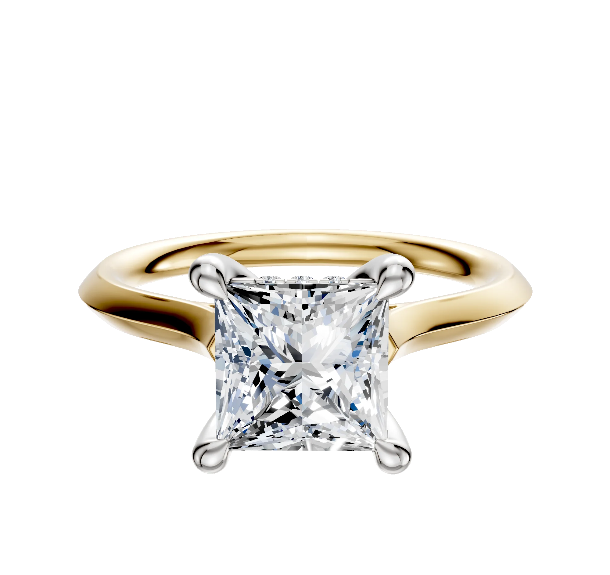14K Two Tone 4 Prong Hidden Halo Cathedral Knife Edge 2.0mm Engagement Ring