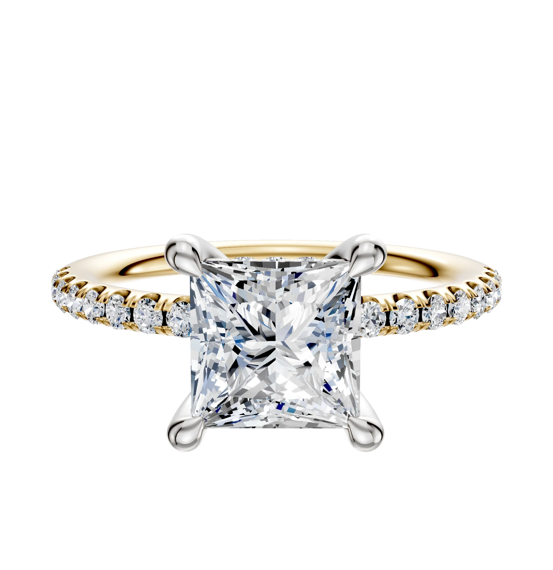 14K Two Tone 4 Prong Hidden Halo Classic Dome 1-Row-Pave 2.5mm Engagement Ring