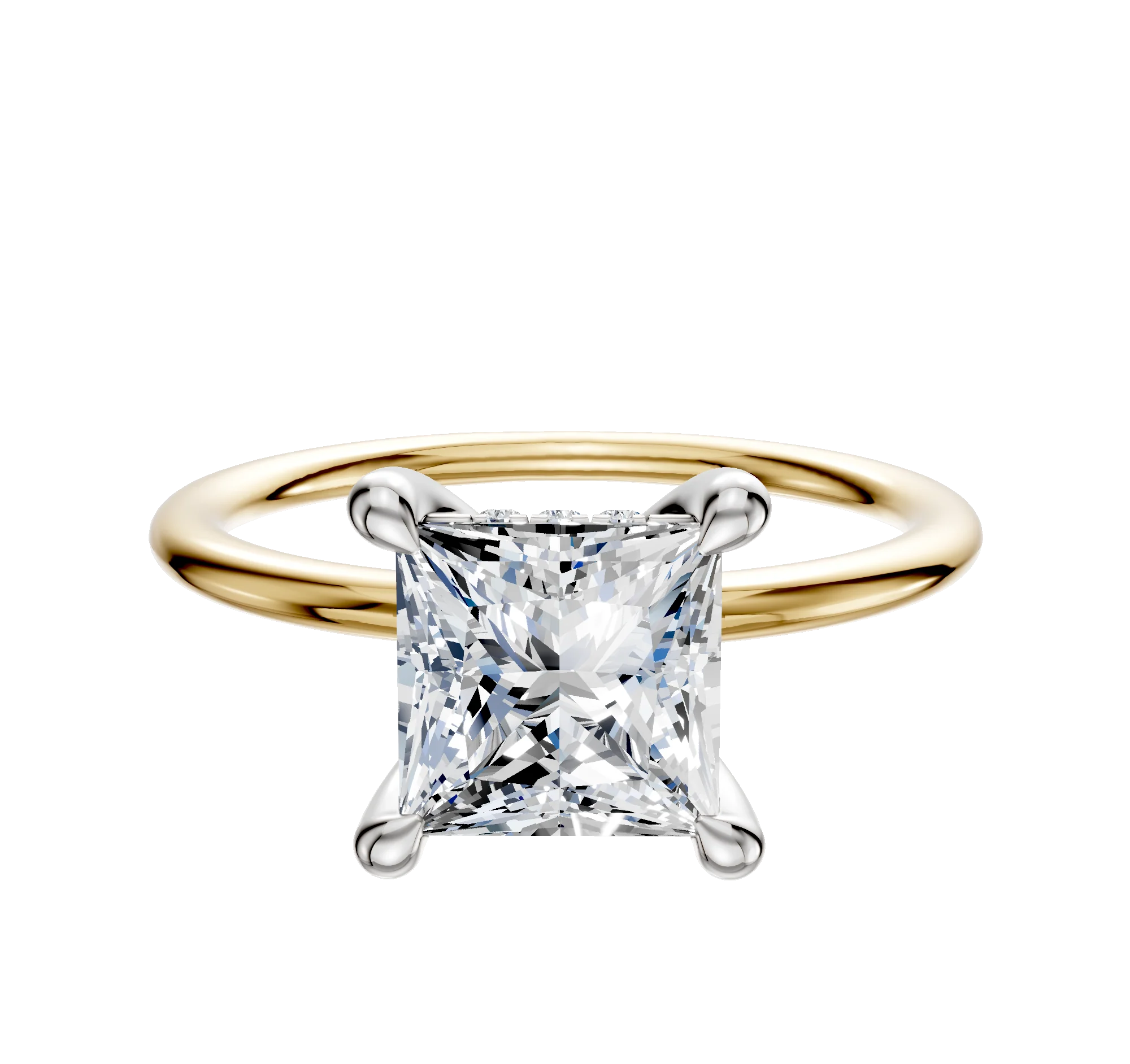 14K Two Tone 4 Prong Hidden Halo Classic Dome 1.5mm Engagement Ring