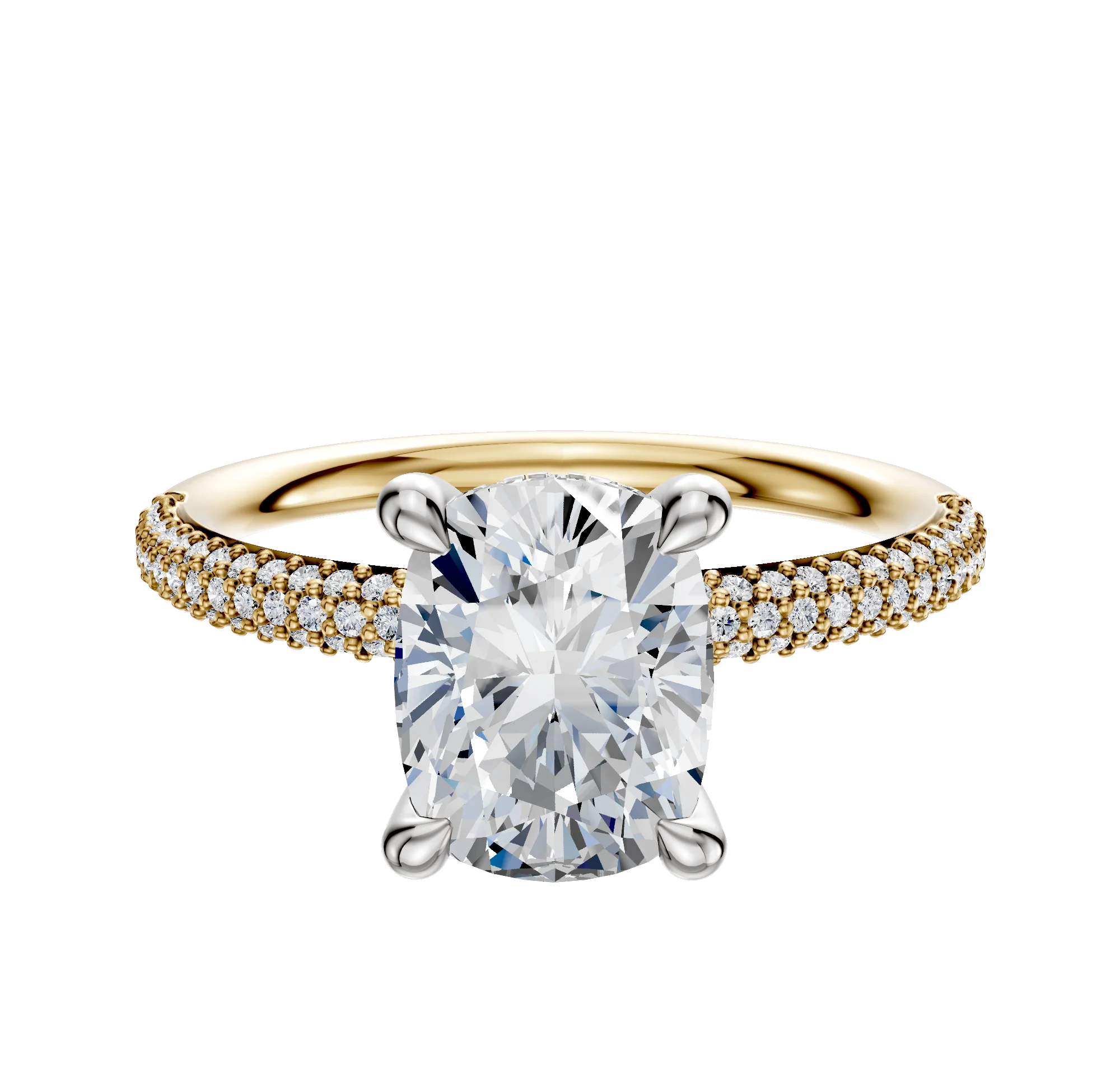14K Two Tone 4 Prong Hidden Halo Classic Dome 3-Row-Pave 2.0mm Engagement Ring