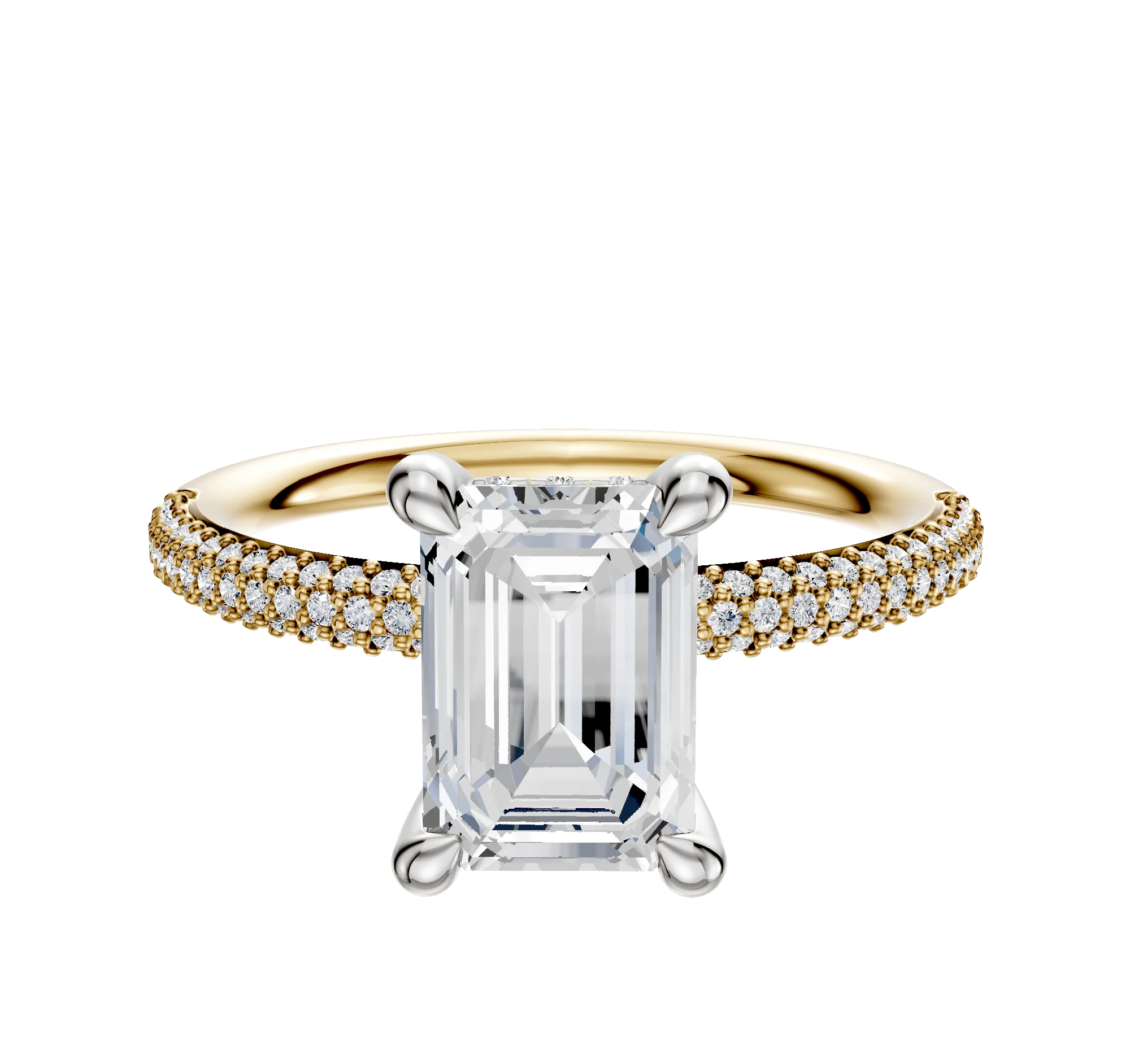 14K Two Tone 4 Prong Hidden Halo Classic Dome 3-Row-Pave 2.0mm Engagement Ring