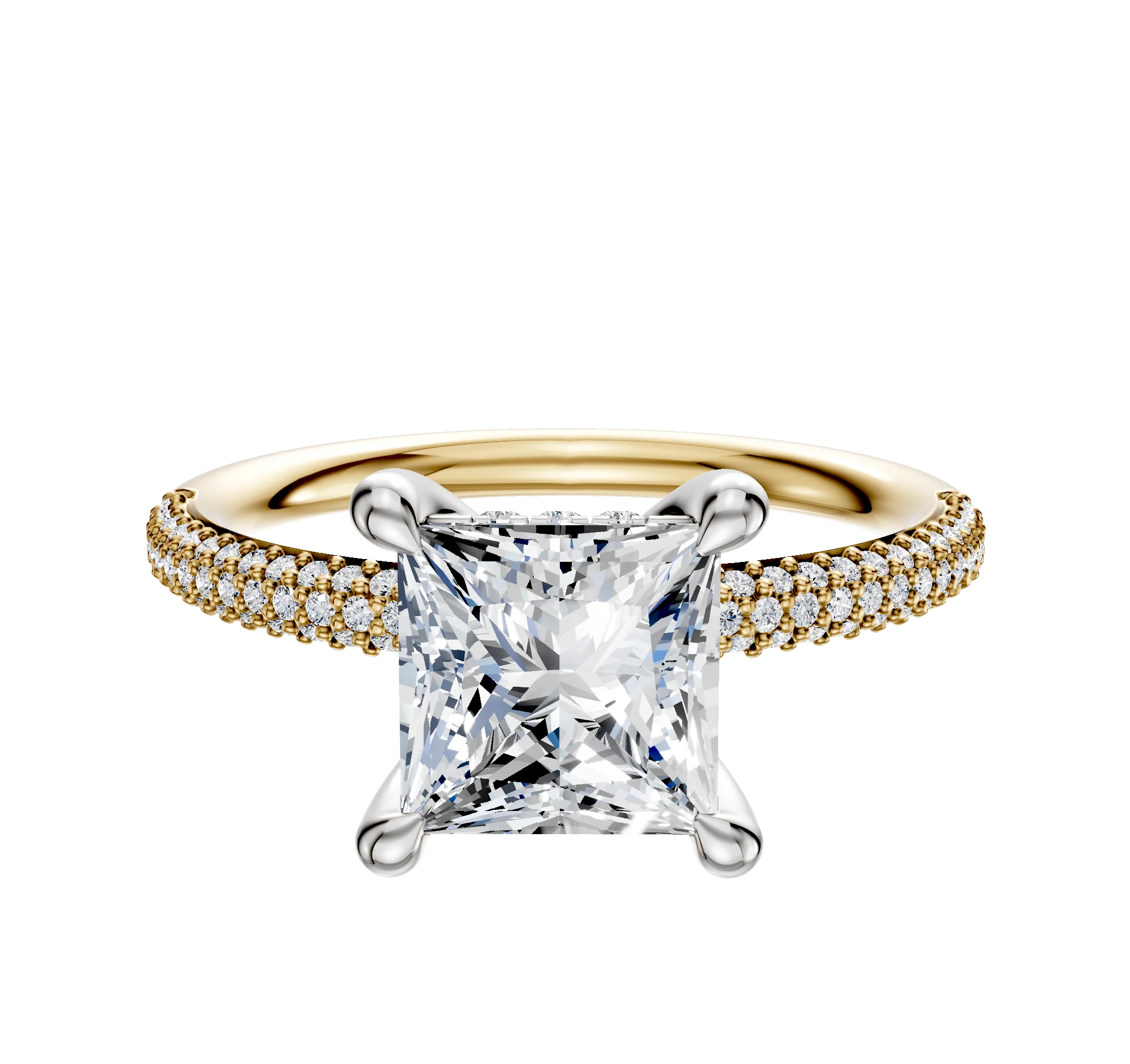 14K Two Tone 4 Prong Hidden Halo Classic Dome 3-Row-Pave 2.0mm Engagement Ring