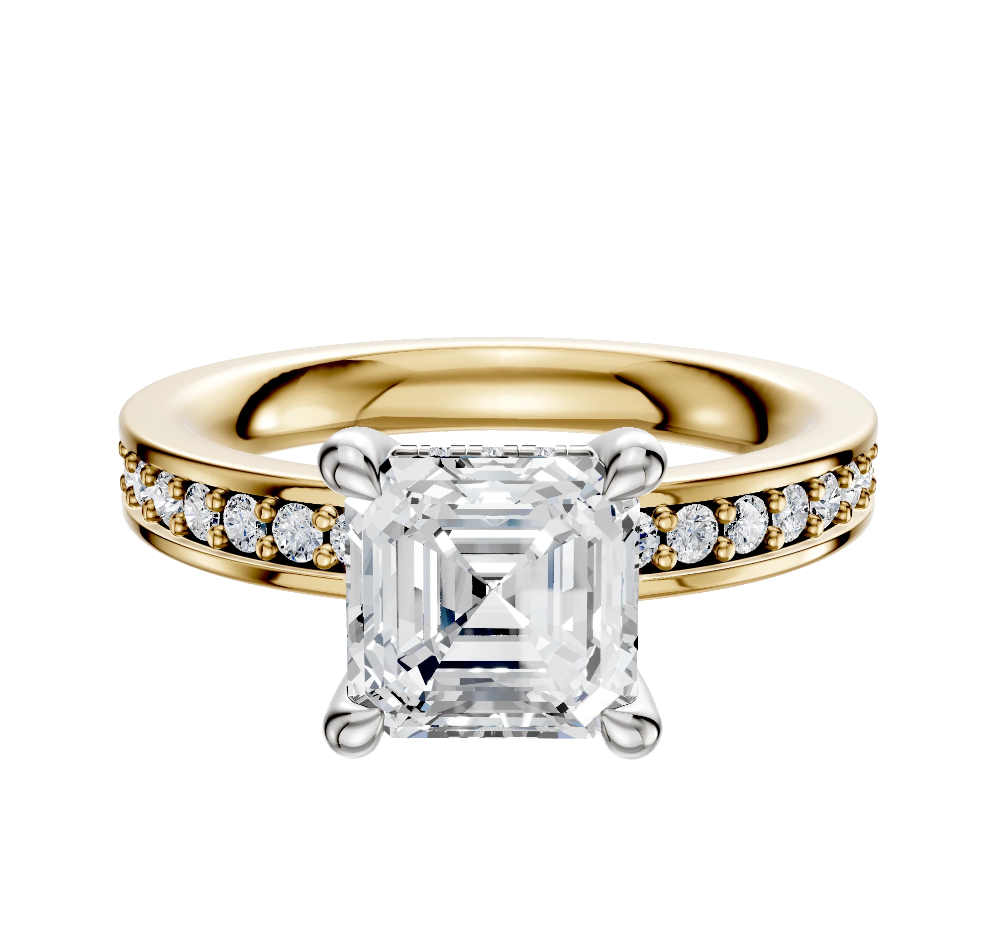 14K Two Tone 4 Prong Hidden Halo Classic Flat 1-Row-Pave 2.5mm Engagement Ring