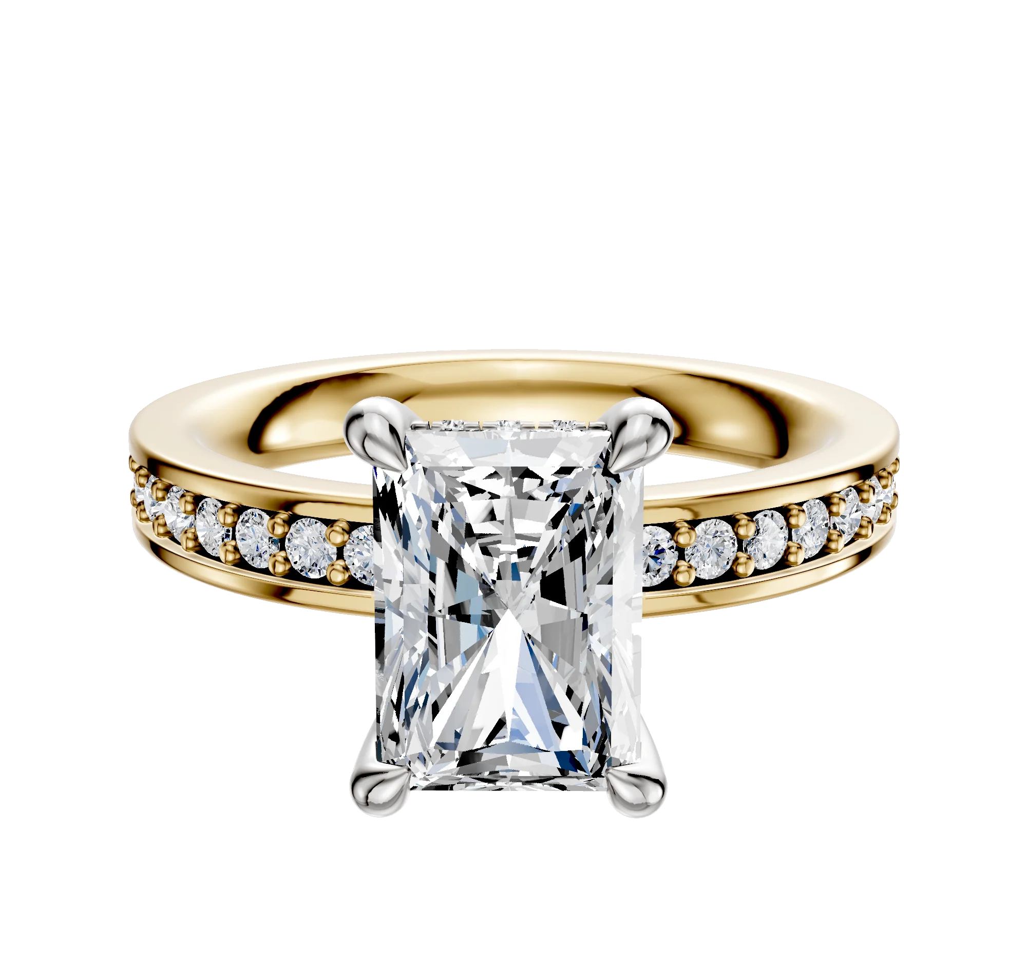 14K Two Tone 4 Prong Hidden Halo Classic Flat 1-Row-Pave 2.5mm Engagement Ring