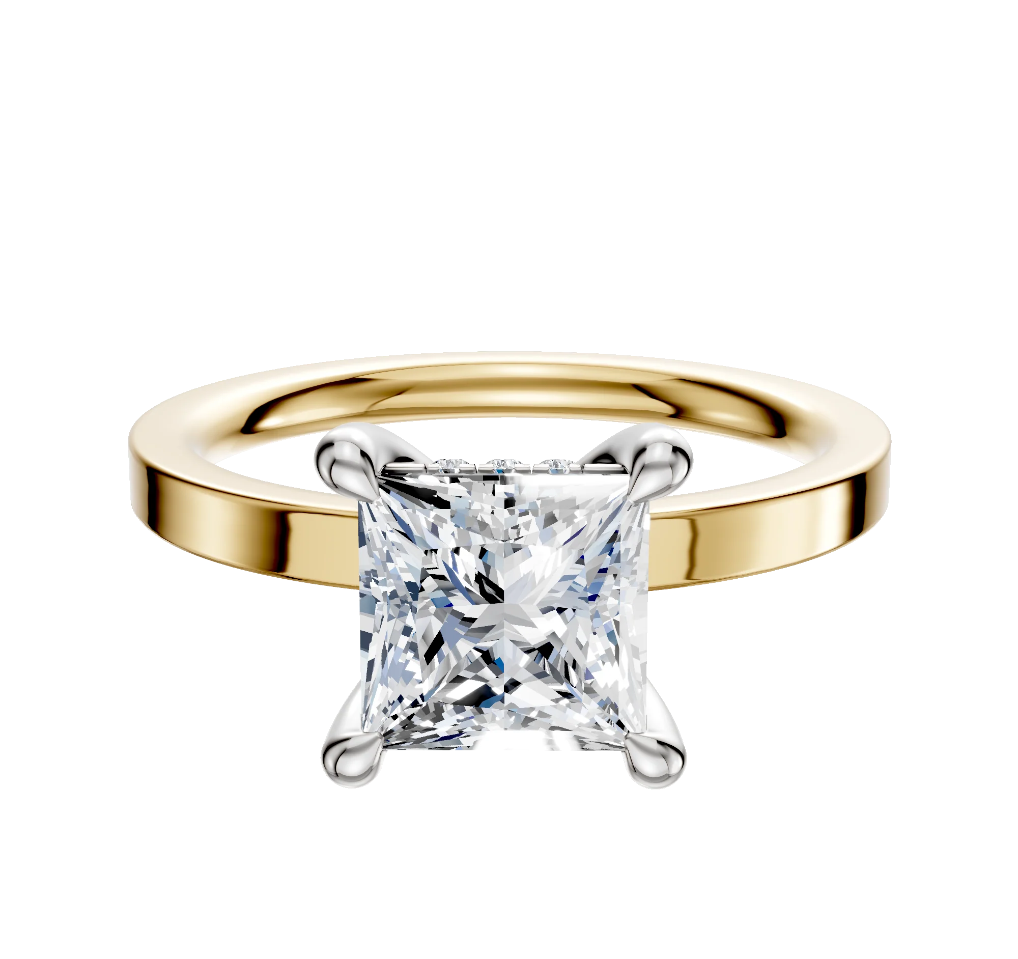 14K Two Tone 4 Prong Hidden Halo Classic Flat 2.0mm Engagement Ring