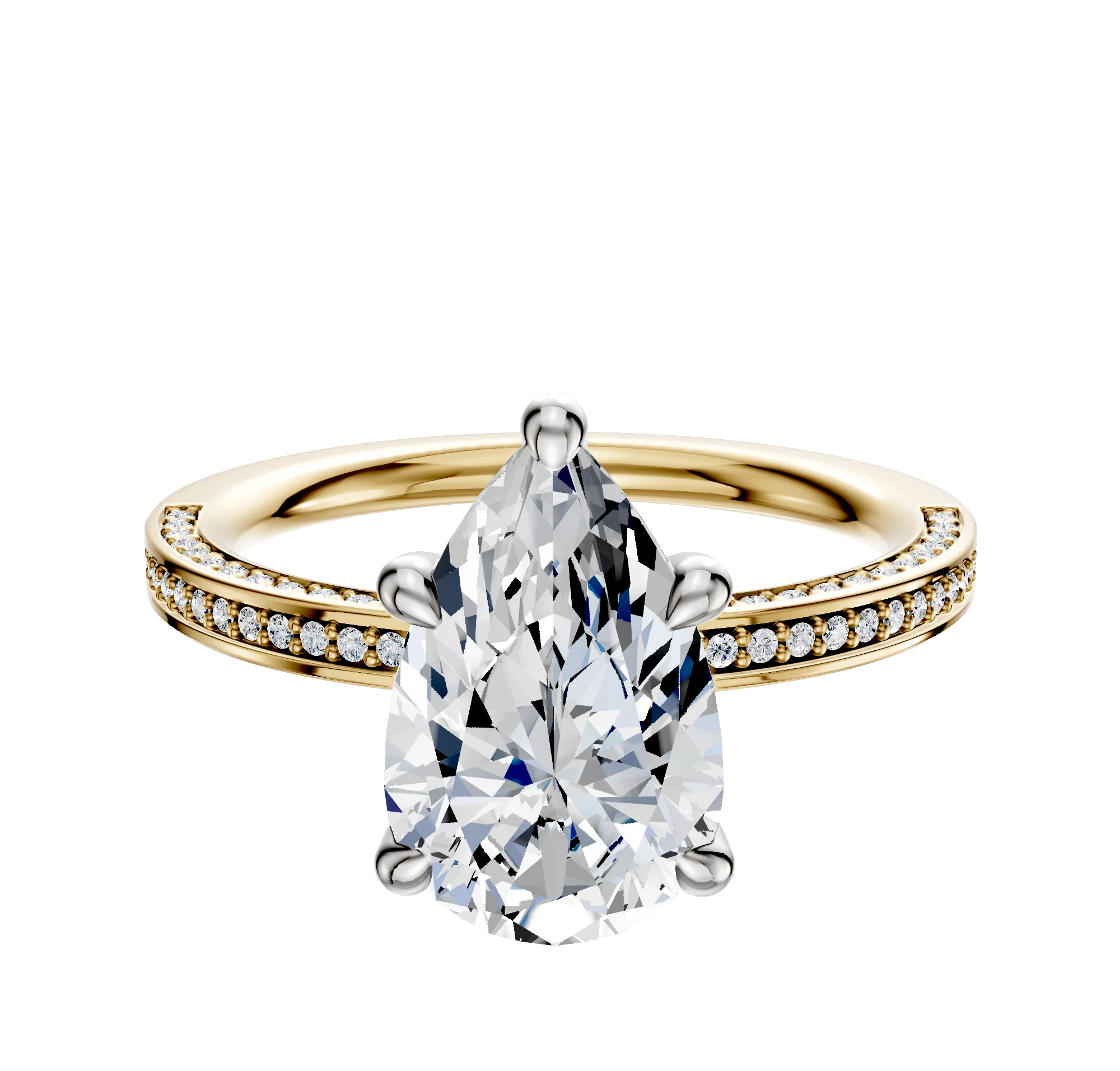14K Two Tone 4 Prong Hidden Halo Classic Flat 3-Row-Pave 2.0mm Engagement Ring