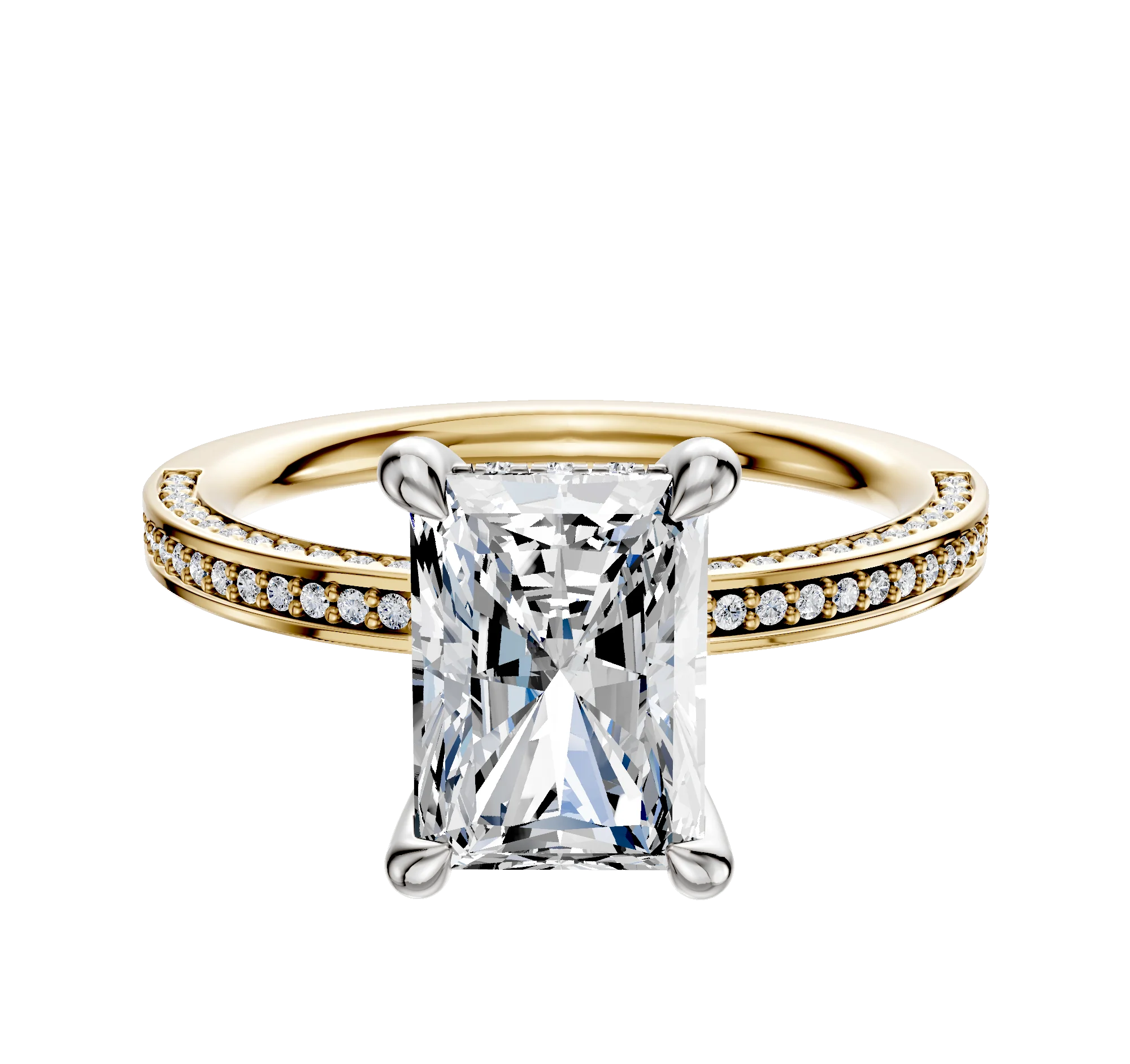 14K Two Tone 4 Prong Hidden Halo Classic Flat 3-Row-Pave 2.0mm Engagement Ring