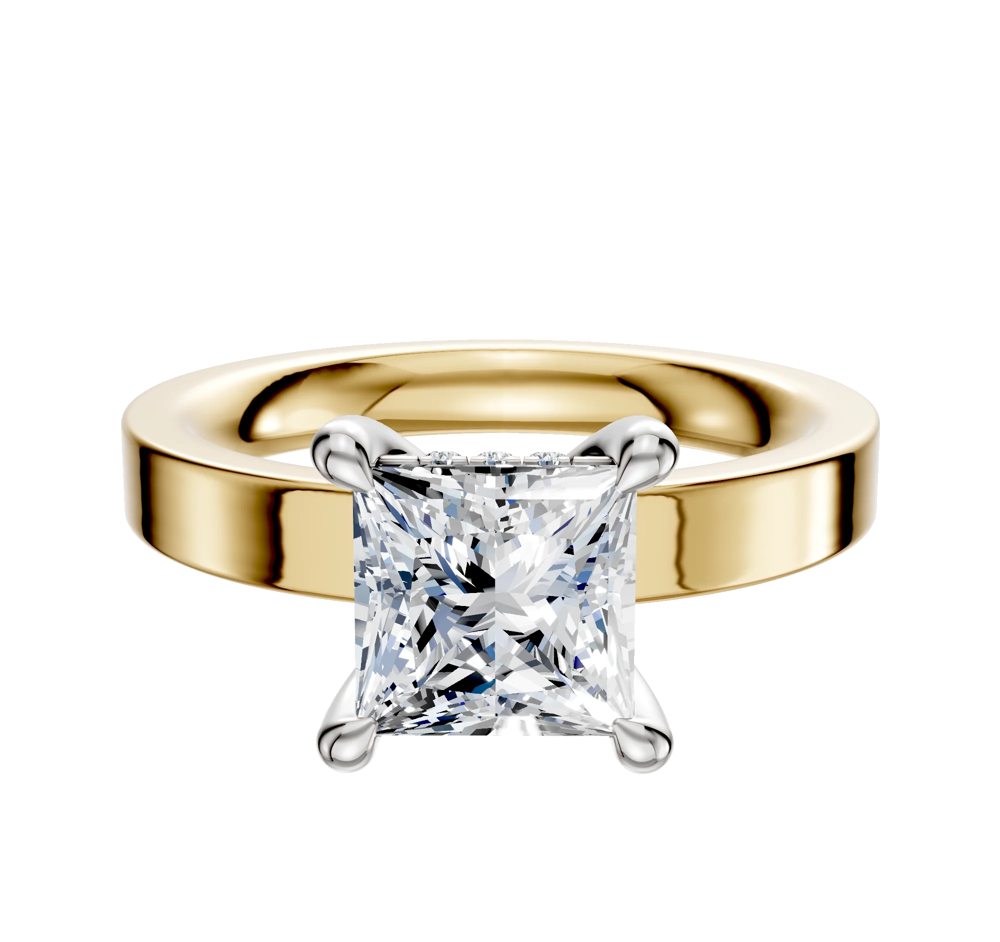 14K Two Tone 4 Prong Hidden Halo Classic Flat 3.0mm Engagement Ring