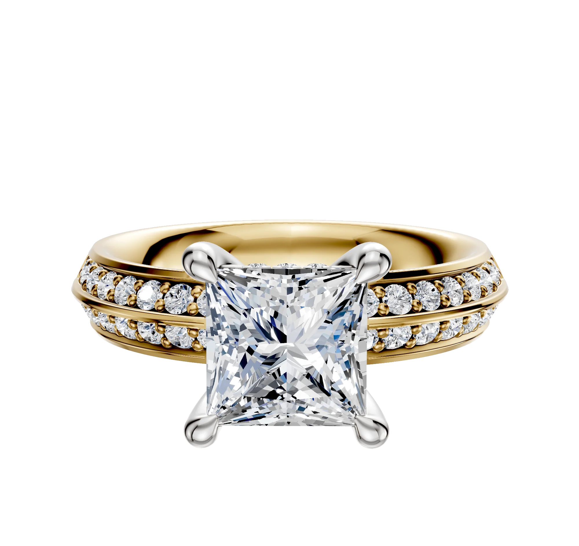 14K Two Tone 4 Prong Hidden Halo Classic Knife Edge 1-Row-Pave 2.5mm Engagement Ring