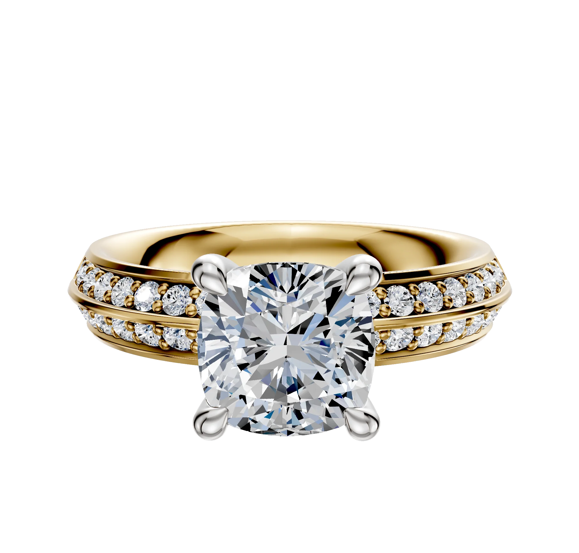 14K Two Tone 4 Prong Hidden Halo Classic Knife Edge 1-Row-Pave 2.5mm Engagement Ring