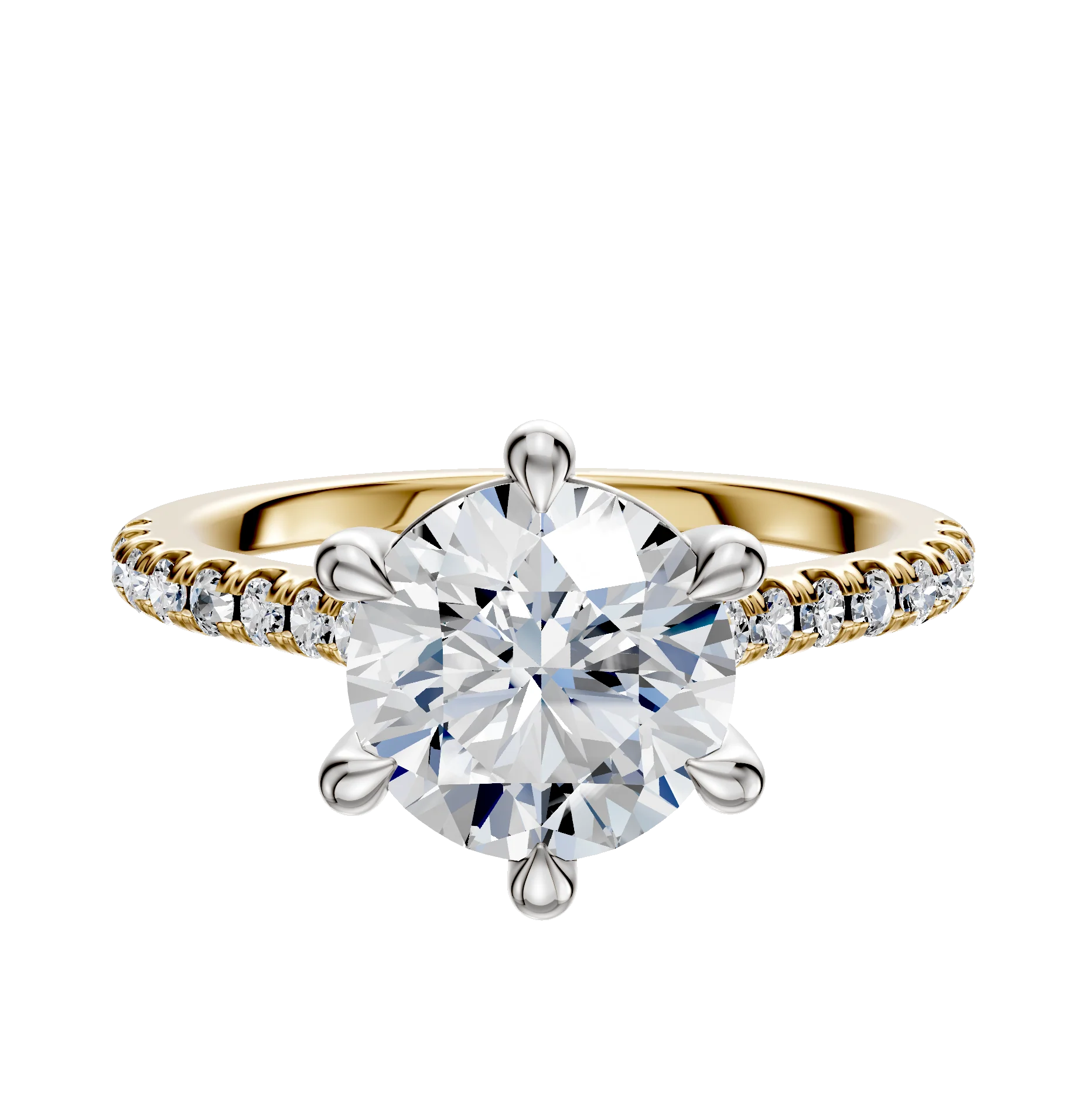 14K Two Tone 6 Prong Basket Cathedral Dome 1-Row-Pave 2.5mm Engagement Ring