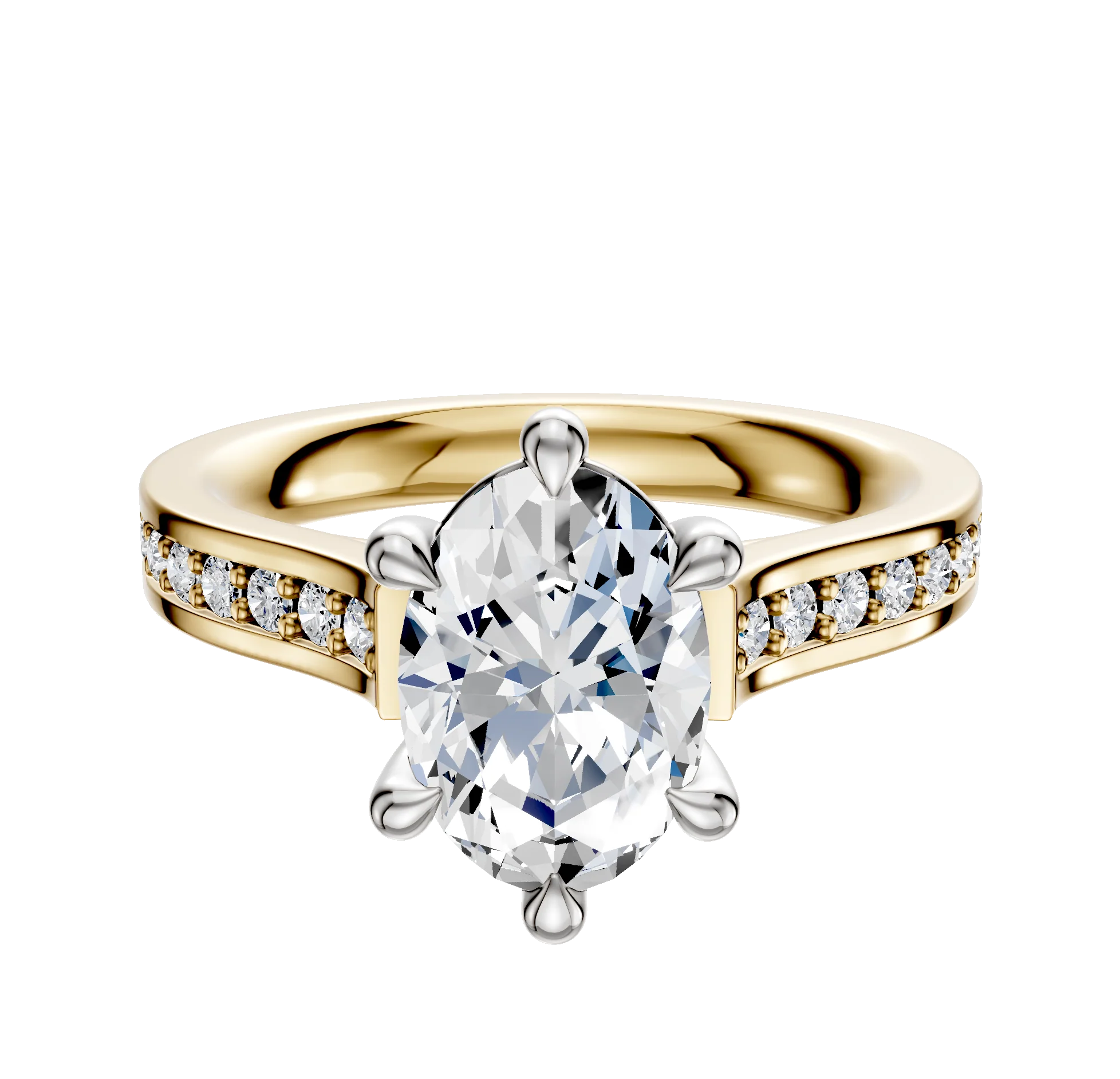 14K Two Tone 6 Prong Basket Cathedral Flat 1-Row-Pave 2.5mm Engagement Ring