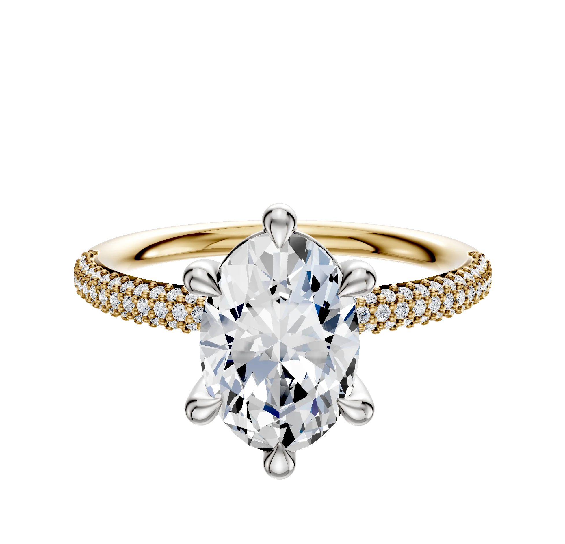 14K Two Tone 6 Prong Basket Classic Dome 3-Row-Pave 2.0mm Engagement Ring