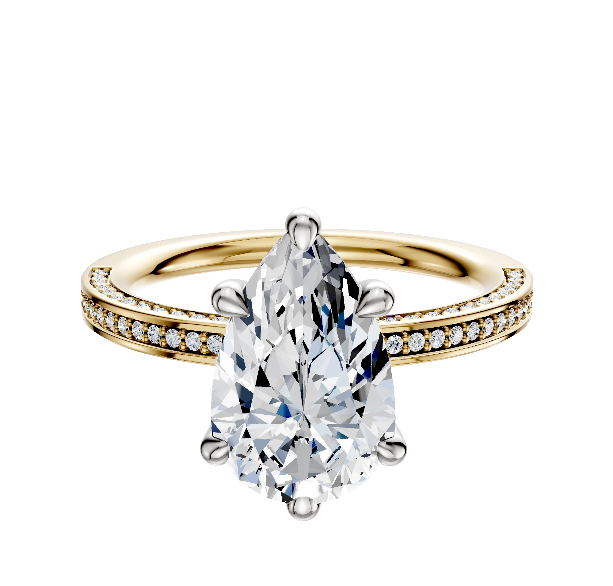 14K Two Tone 6 Prong Basket Classic Flat 3-Row-Pave 2.0mm Engagement Ring
