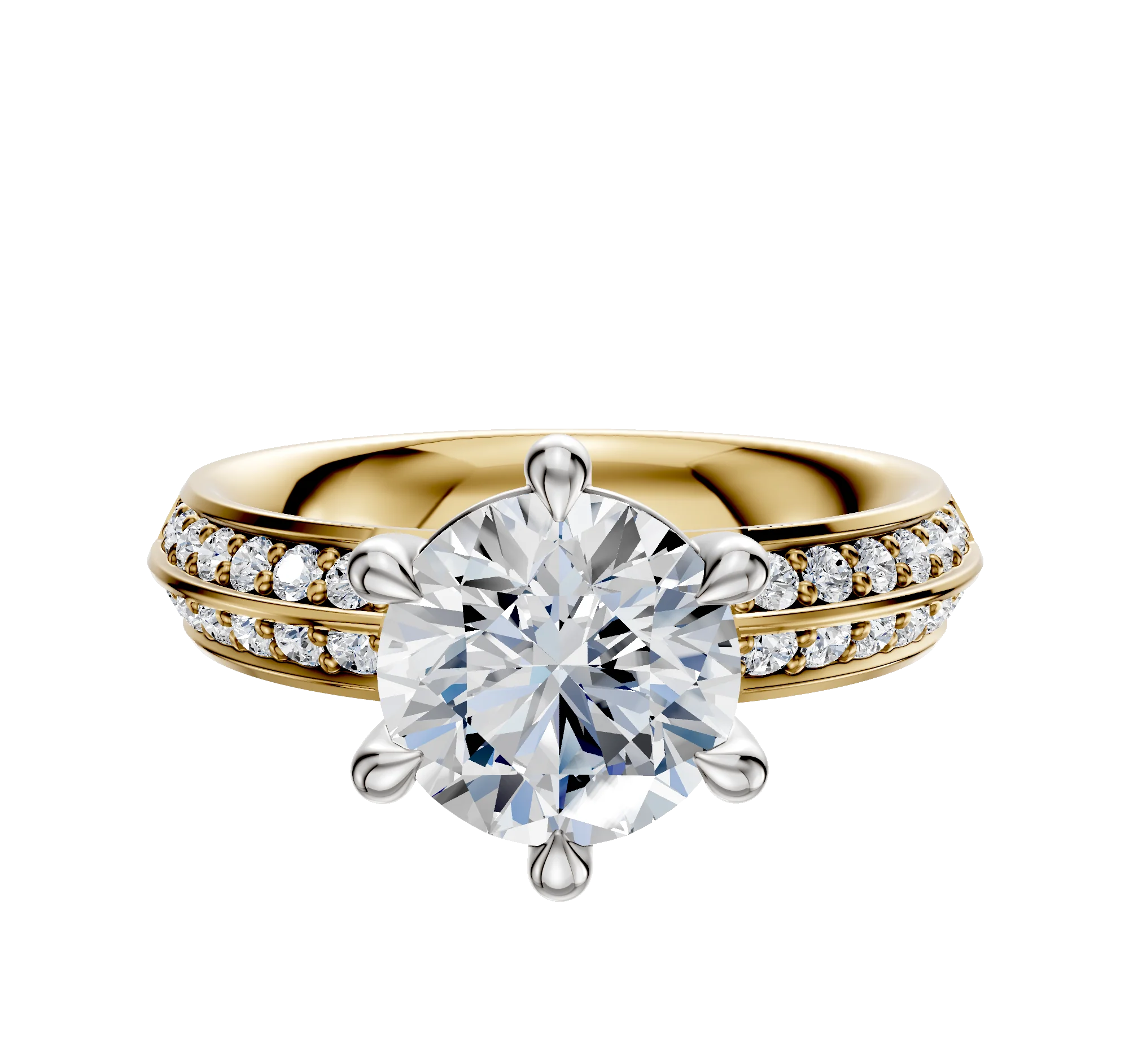 14K Two Tone 6 Prong Basket Classic Knife Edge 1-Row-Pave 2.5mm Engagement Ring