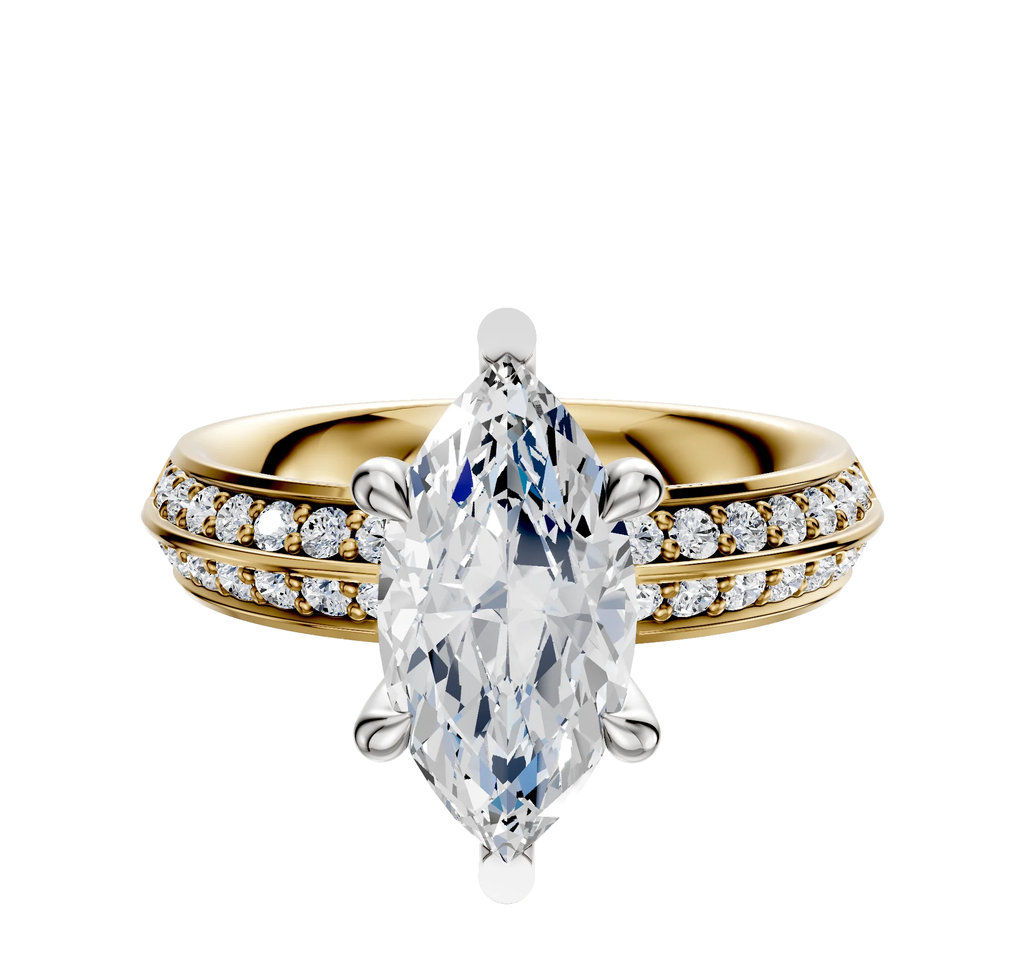 14K Two Tone 6 Prong Basket Classic Knife Edge 1-Row-Pave 2.5mm Engagement Ring