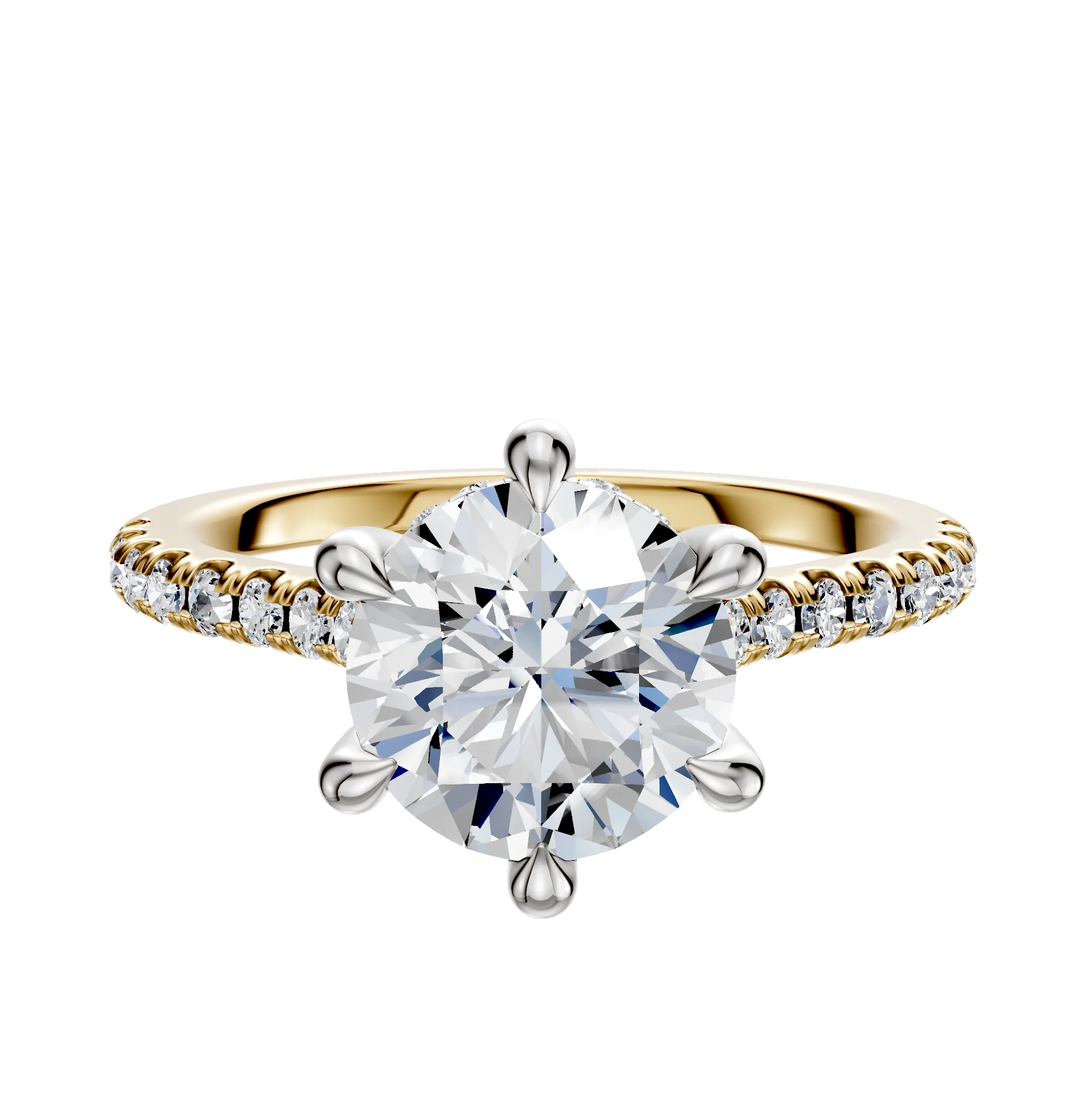 14K Two Tone 6 Prong Hidden Halo Cathedral Dome 1-Row-Pave 2.5mm Engagement Ring