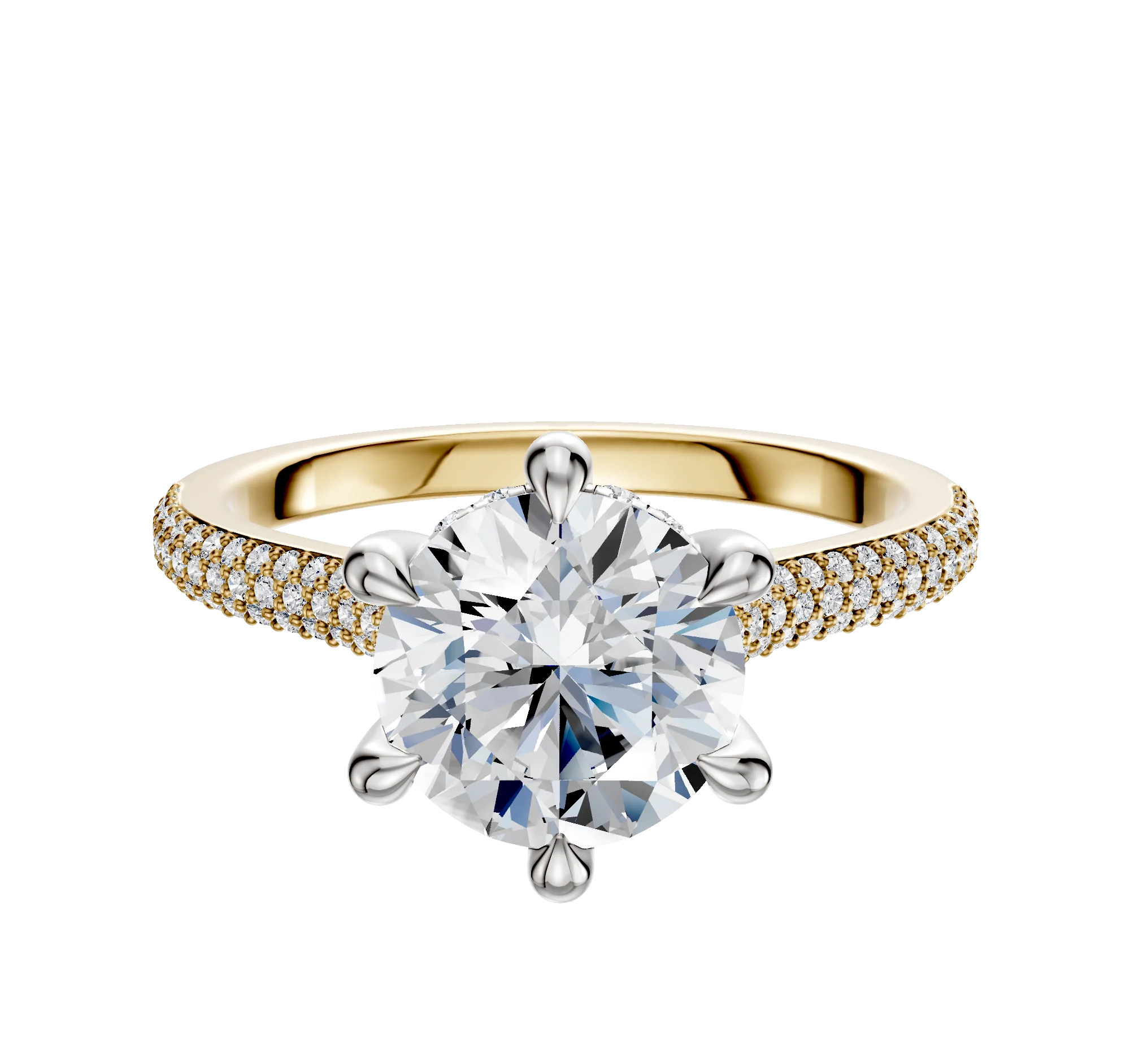 14K Two Tone 6 Prong Hidden Halo Cathedral Dome 3-Row-Pave 2.0mm Engagement Ring