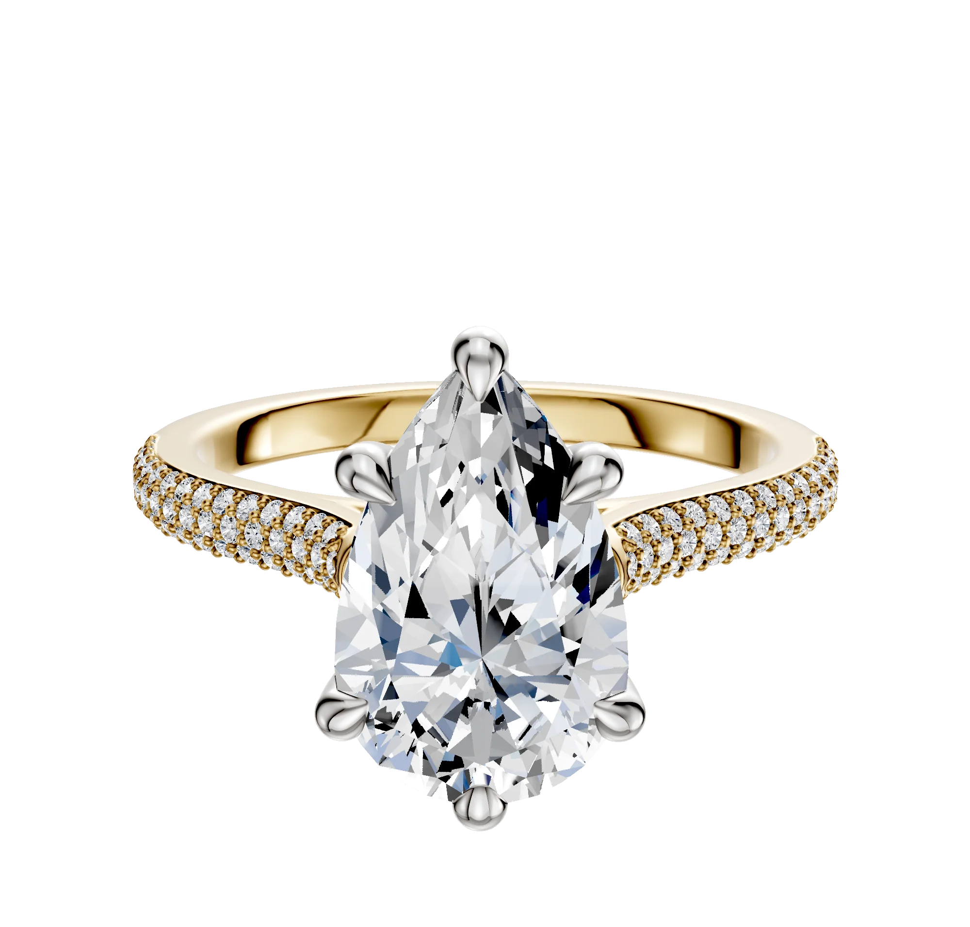 14K Two Tone 6 Prong Hidden Halo Cathedral Dome 3-Row-Pave 2.0mm Engagement Ring