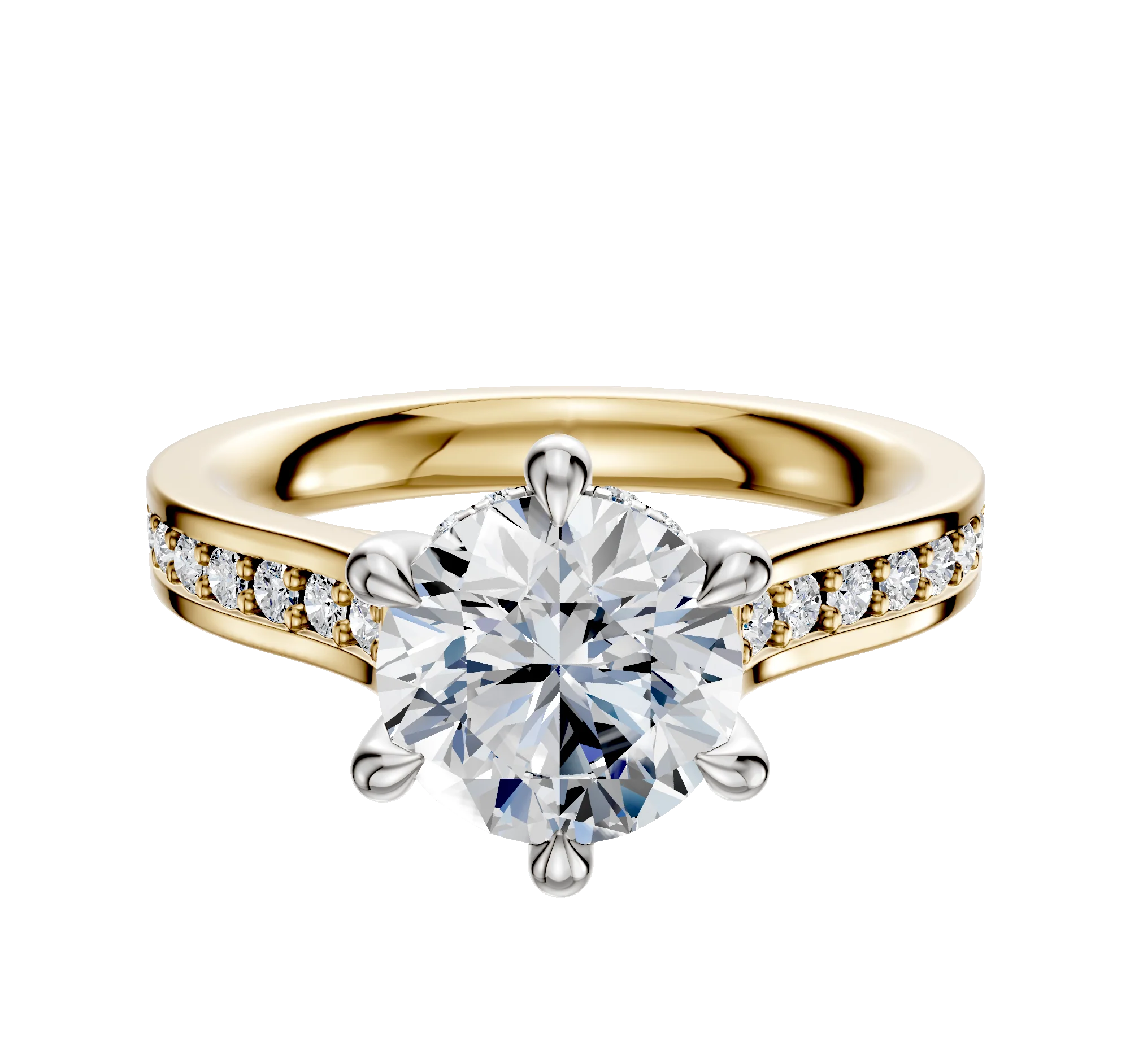 14K Two Tone 6 Prong Hidden Halo Cathedral Flat 1-Row-Pave 2.5mm Engagement Ring