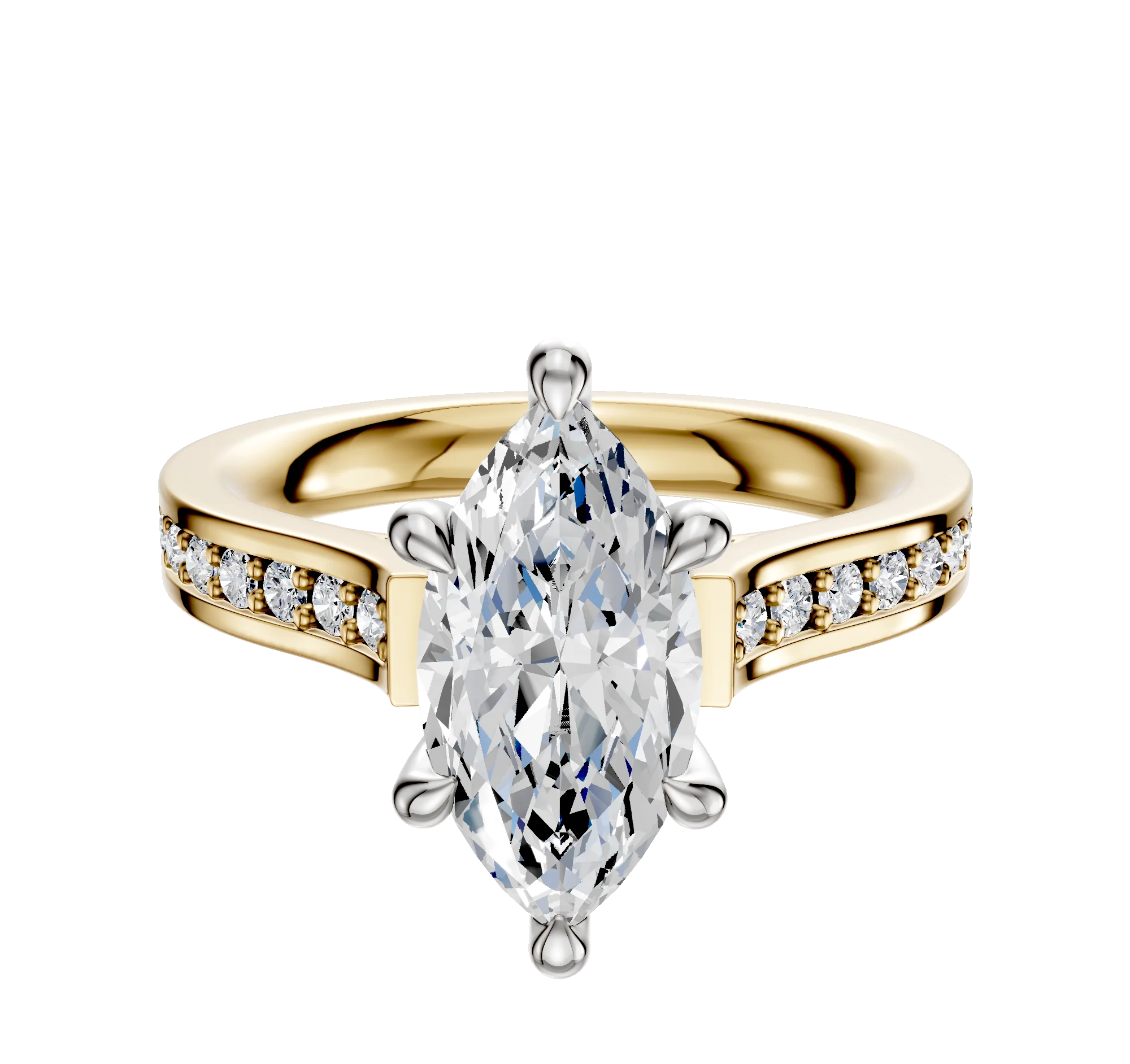 14K Two Tone 6 Prong Hidden Halo Cathedral Flat 1-Row-Pave 2.5mm Engagement Ring