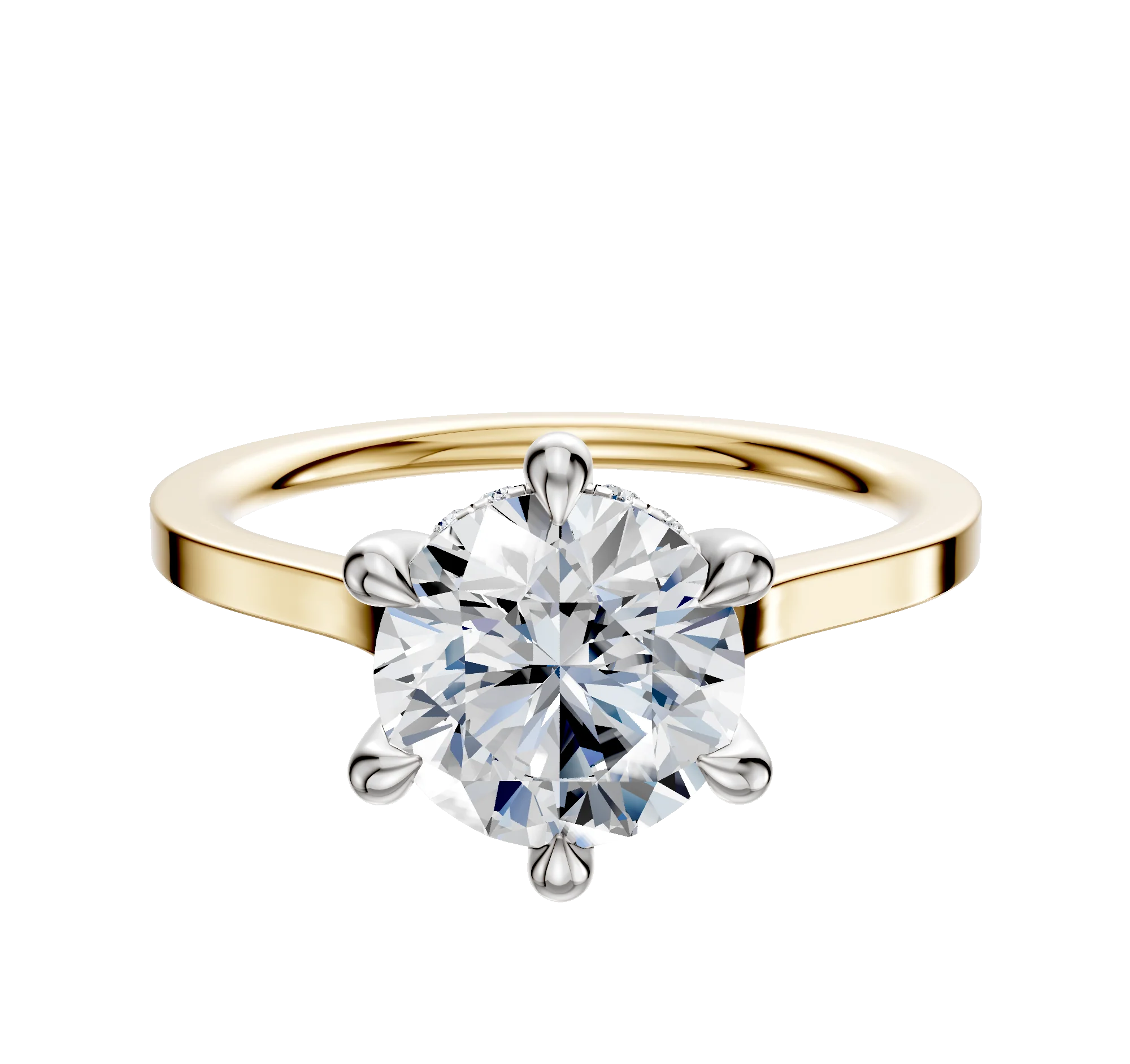 14K Two Tone 6 Prong Hidden Halo Cathedral Flat 1.5mm Engagement Ring