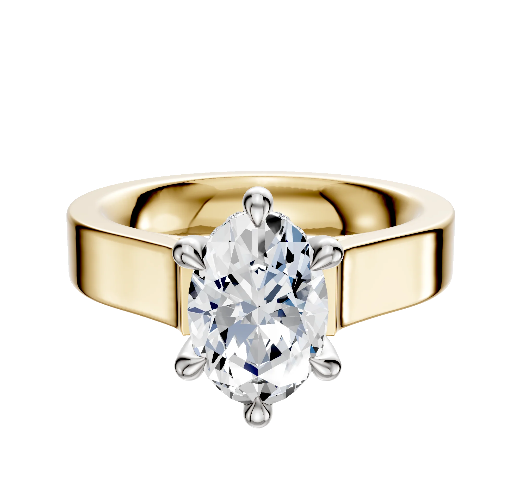 14K Two Tone 6 Prong Hidden Halo Cathedral Flat 4.0mm Engagement Ring
