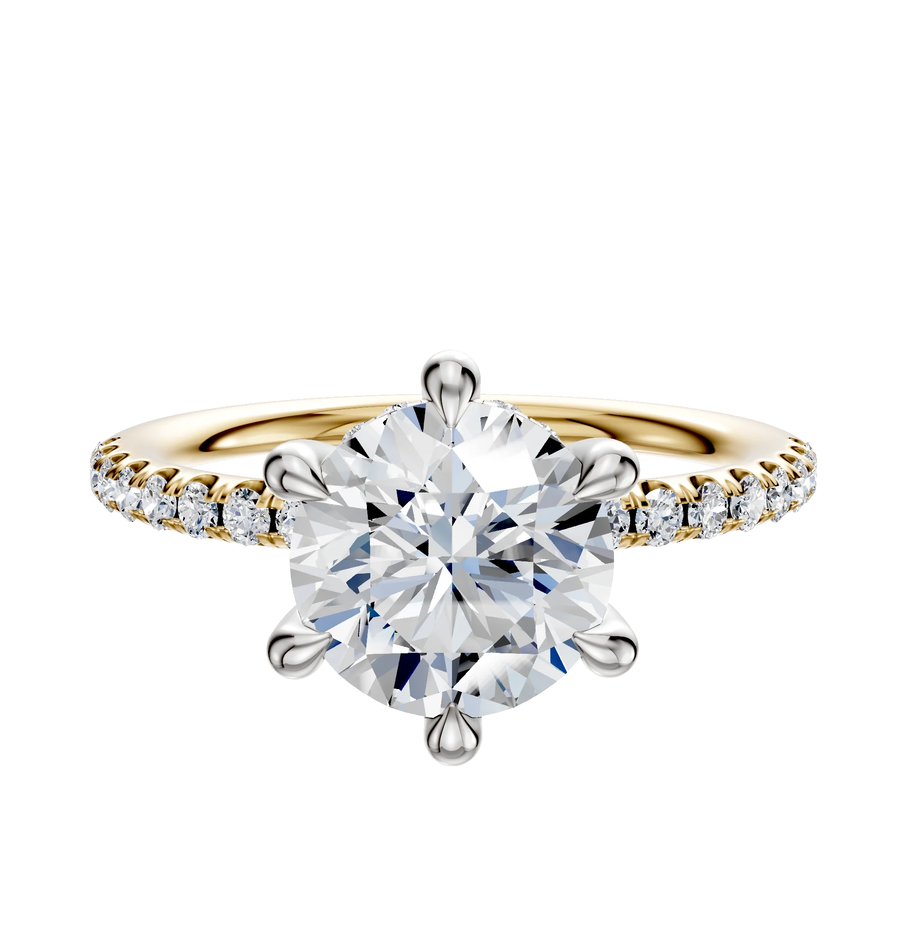14K Two Tone 6 Prong Hidden Halo Classic Dome 1-Row-Pave 2.5mm Engagement Ring