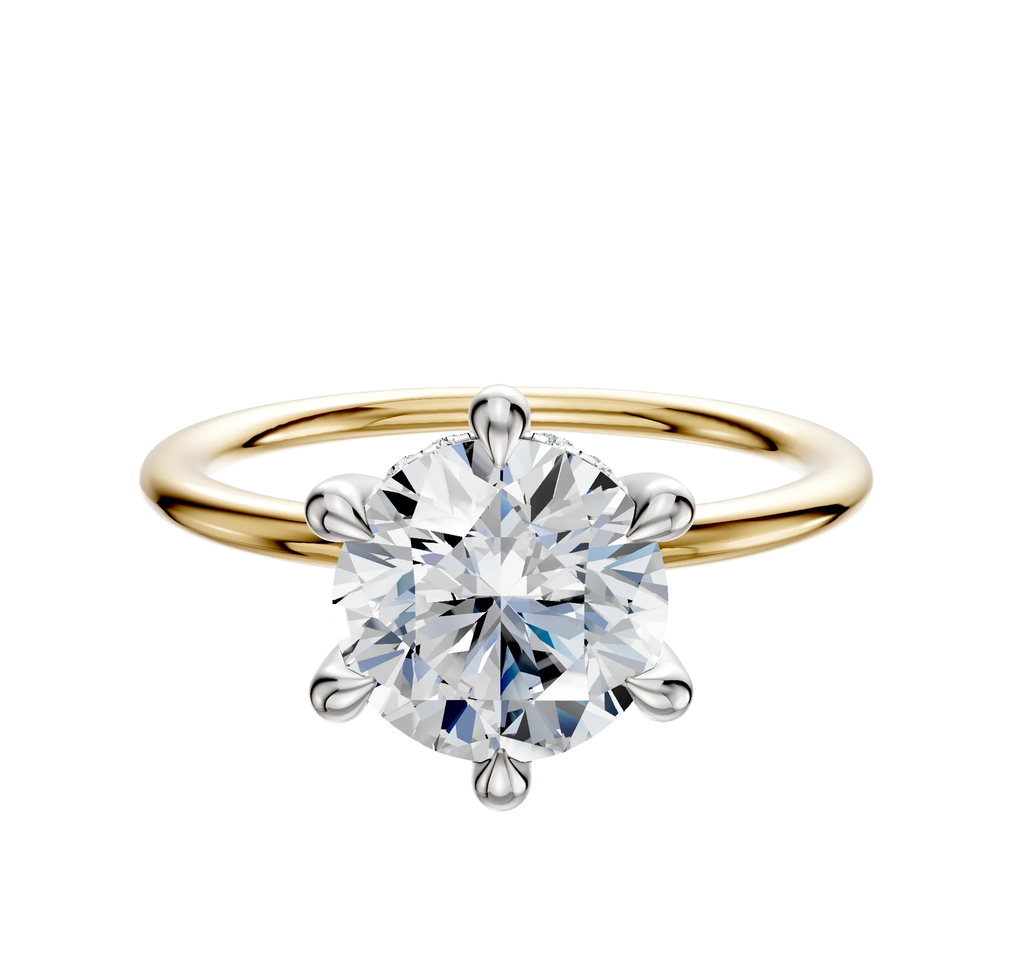 14K Two Tone 6 Prong Hidden Halo Classic Dome 1.5mm Engagement Ring