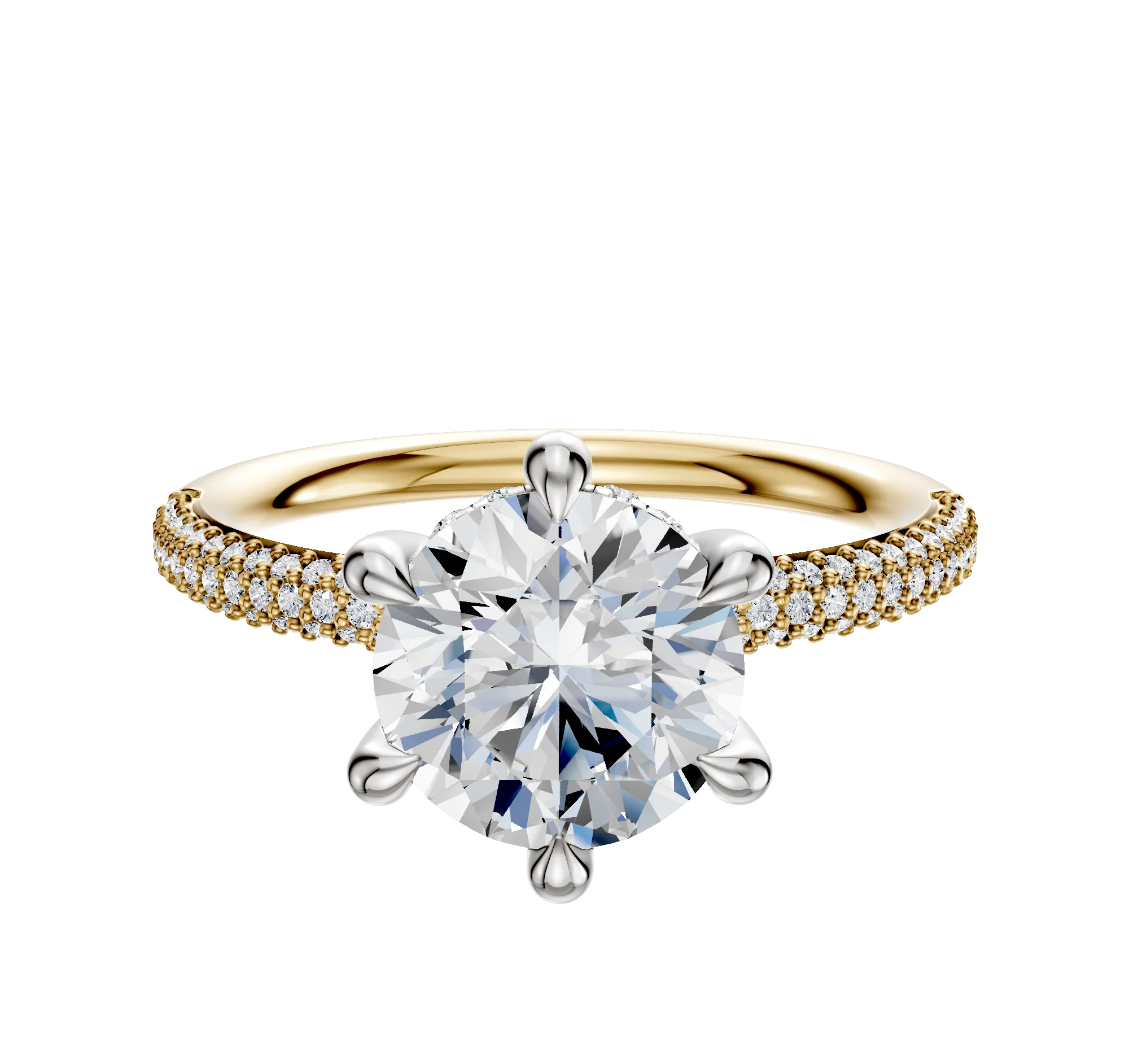 14K Two Tone 6 Prong Hidden Halo Classic Dome 3-Row-Pave 2.0mm Engagement Ring