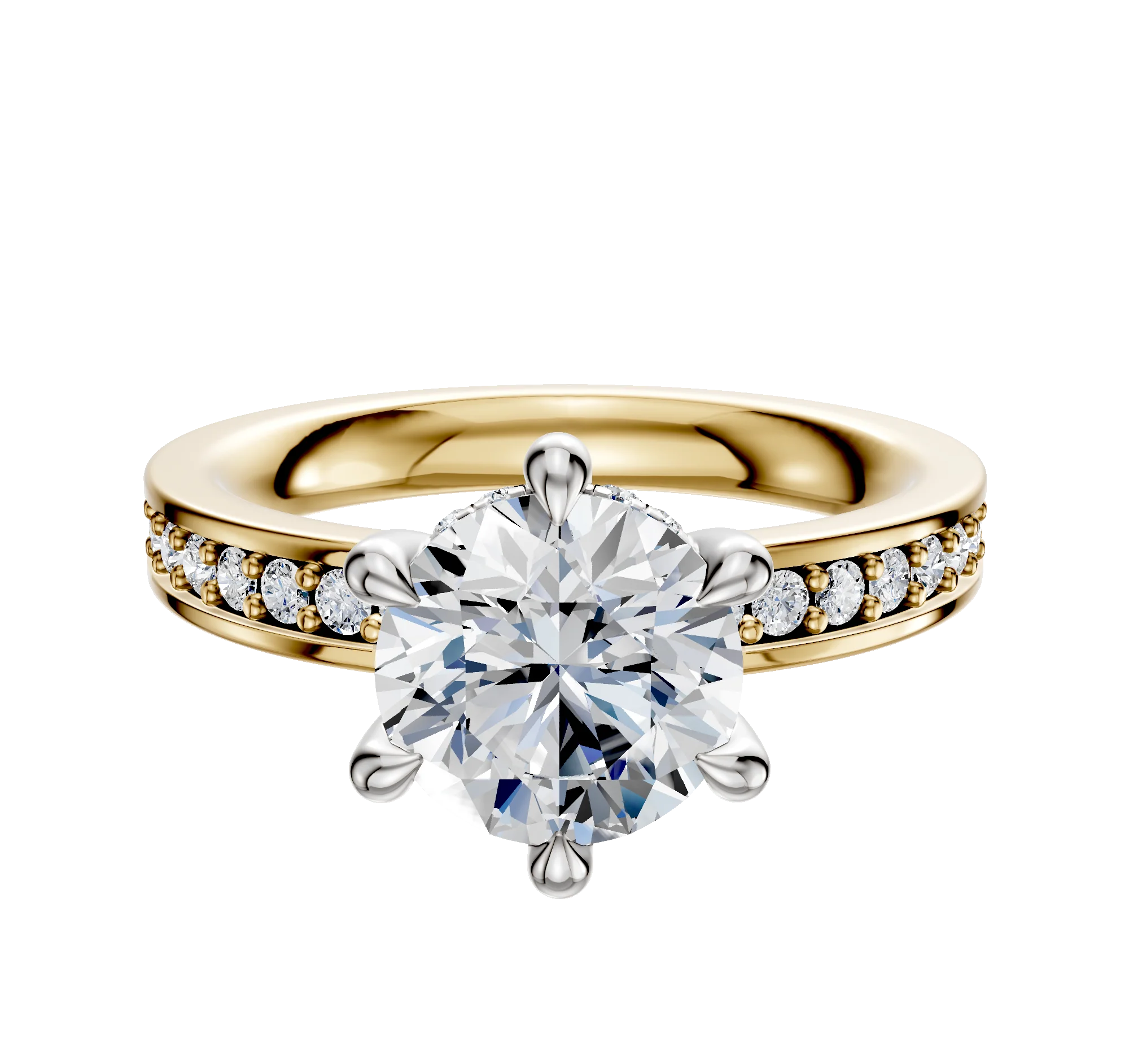 14K Two Tone 6 Prong Hidden Halo Classic Flat 1-Row-Pave 2.5mm Engagement Ring