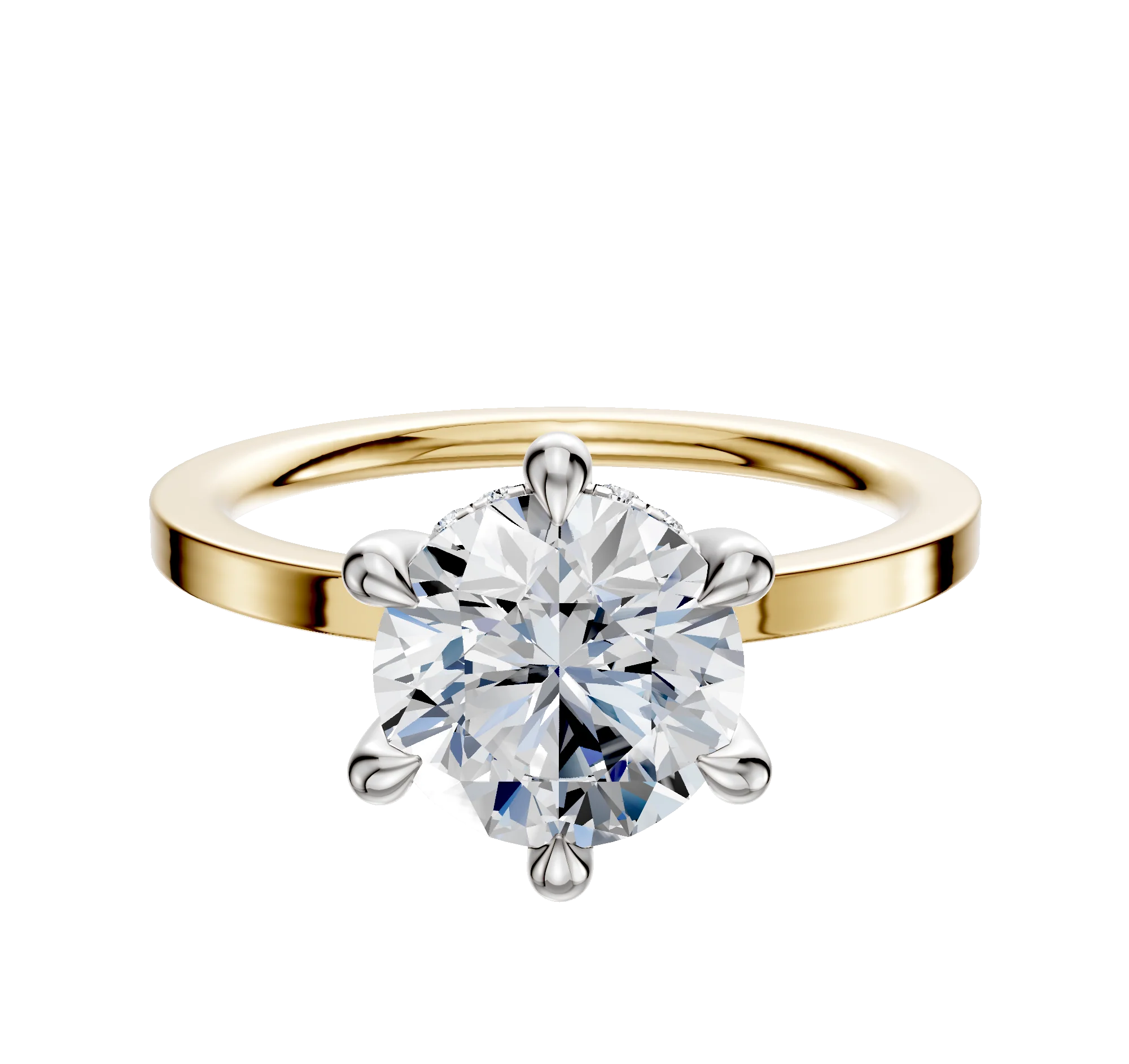 14K Two Tone 6 Prong Hidden Halo Classic Flat 1.5mm Engagement Ring