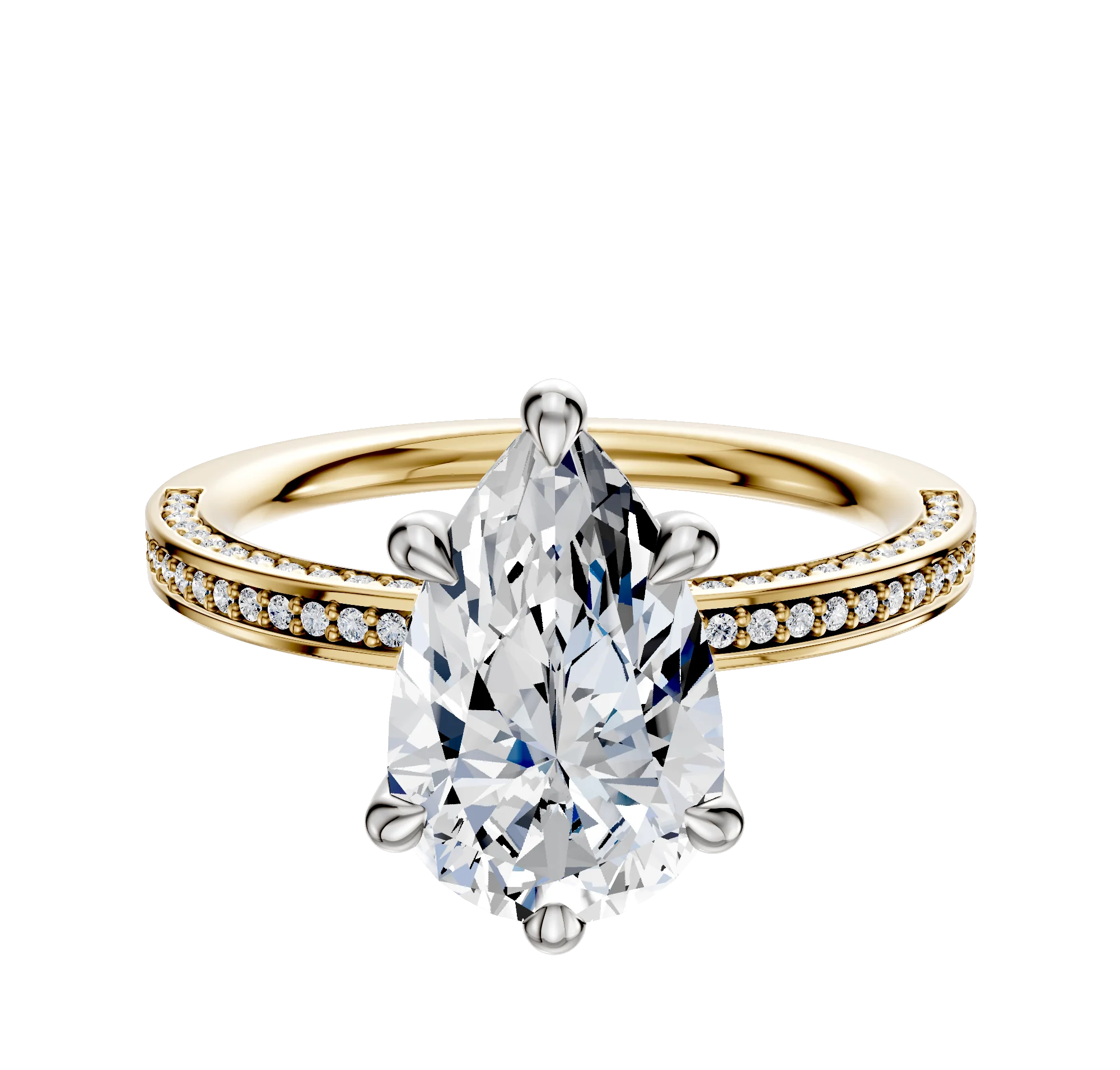 14K Two Tone 6 Prong Hidden Halo Classic Flat 3-Row-Pave 2.0mm Engagement Ring