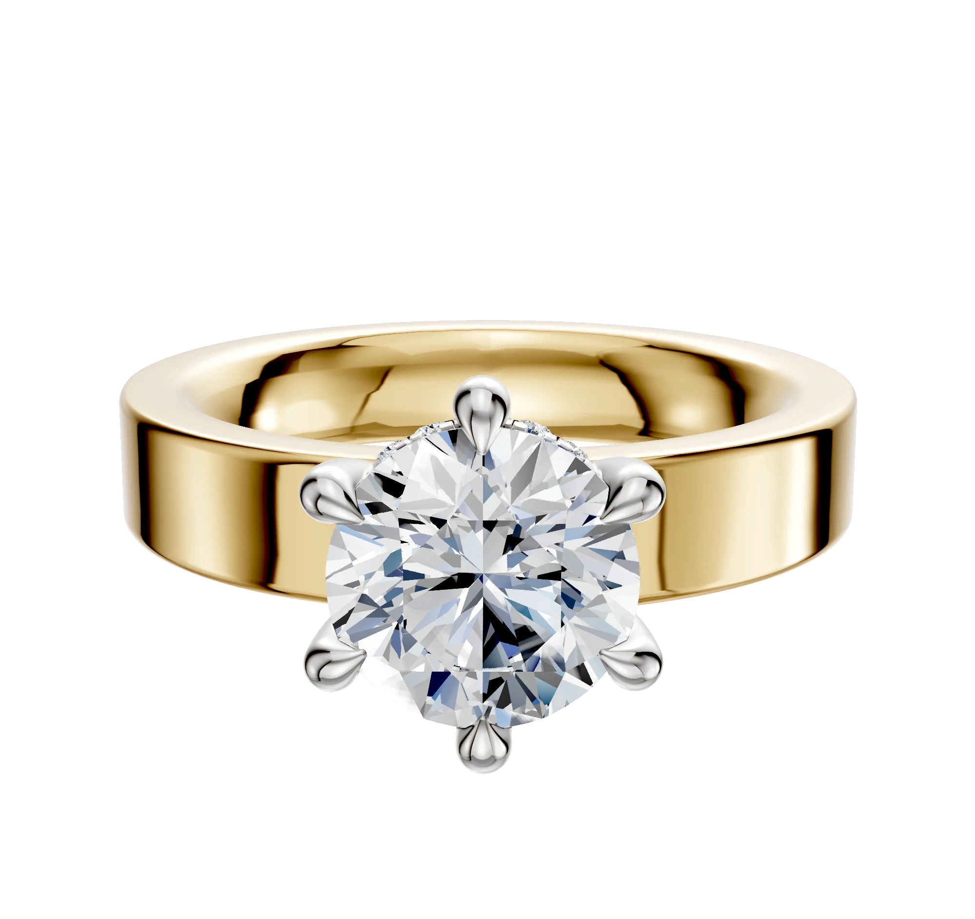 14K Two Tone 6 Prong Hidden Halo Classic Flat 4.0mm Engagement Ring