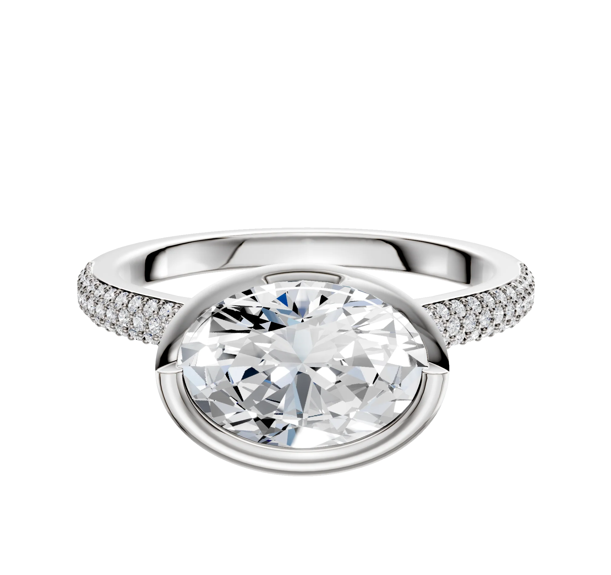 14K Two Tone Bezel Full Bezel East/West Cathedral Dome 3-Row-Pave 2.0mm Engagement Ring