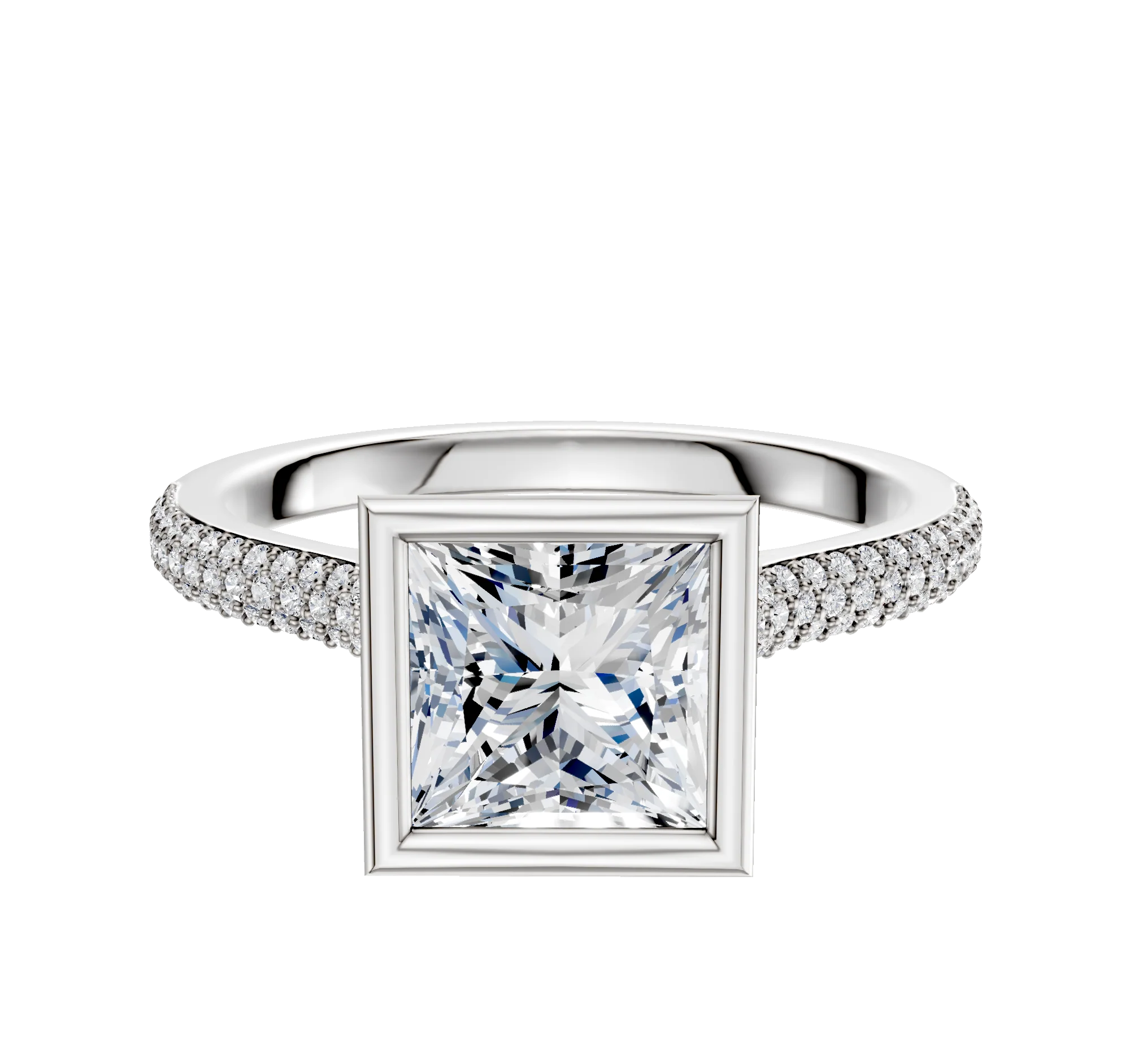 14K Two Tone Bezel Full Bezel North/South Cathedral Dome 3-Row-Pave 2.0mm Engagement Ring