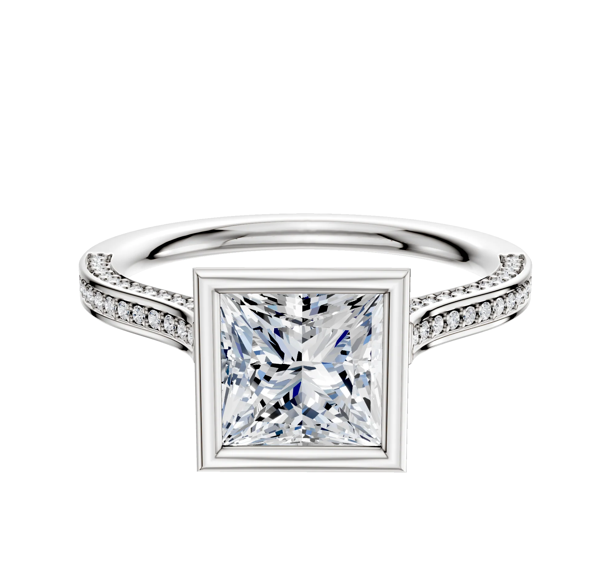 14K Two Tone Bezel Full Bezel North/South Cathedral Flat 3-Row-Pave 2.0mm Engagement Ring