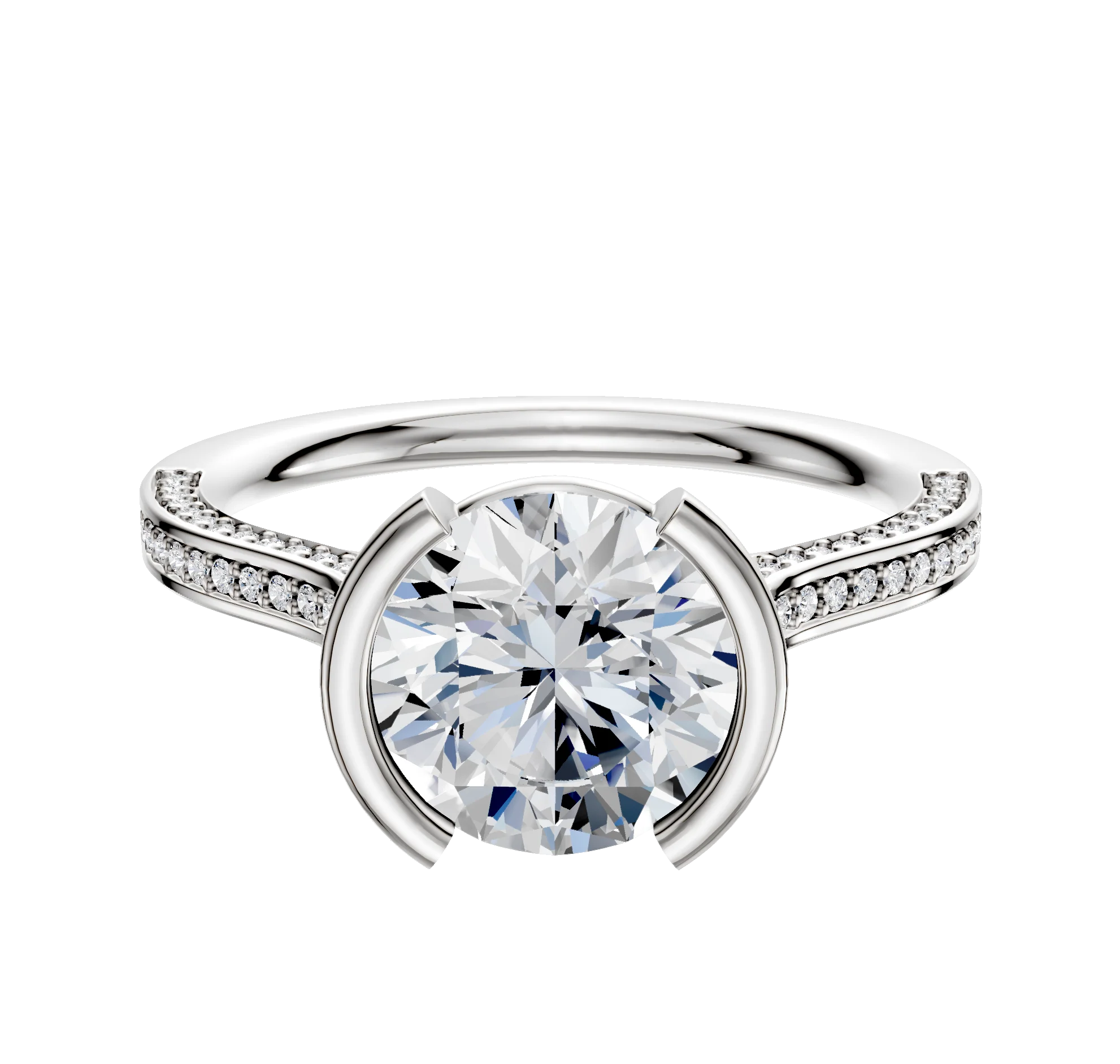 14K Two Tone Bezel Half Bezel North/South Cathedral Flat 3-Row-Pave 2.0mm Engagement Ring