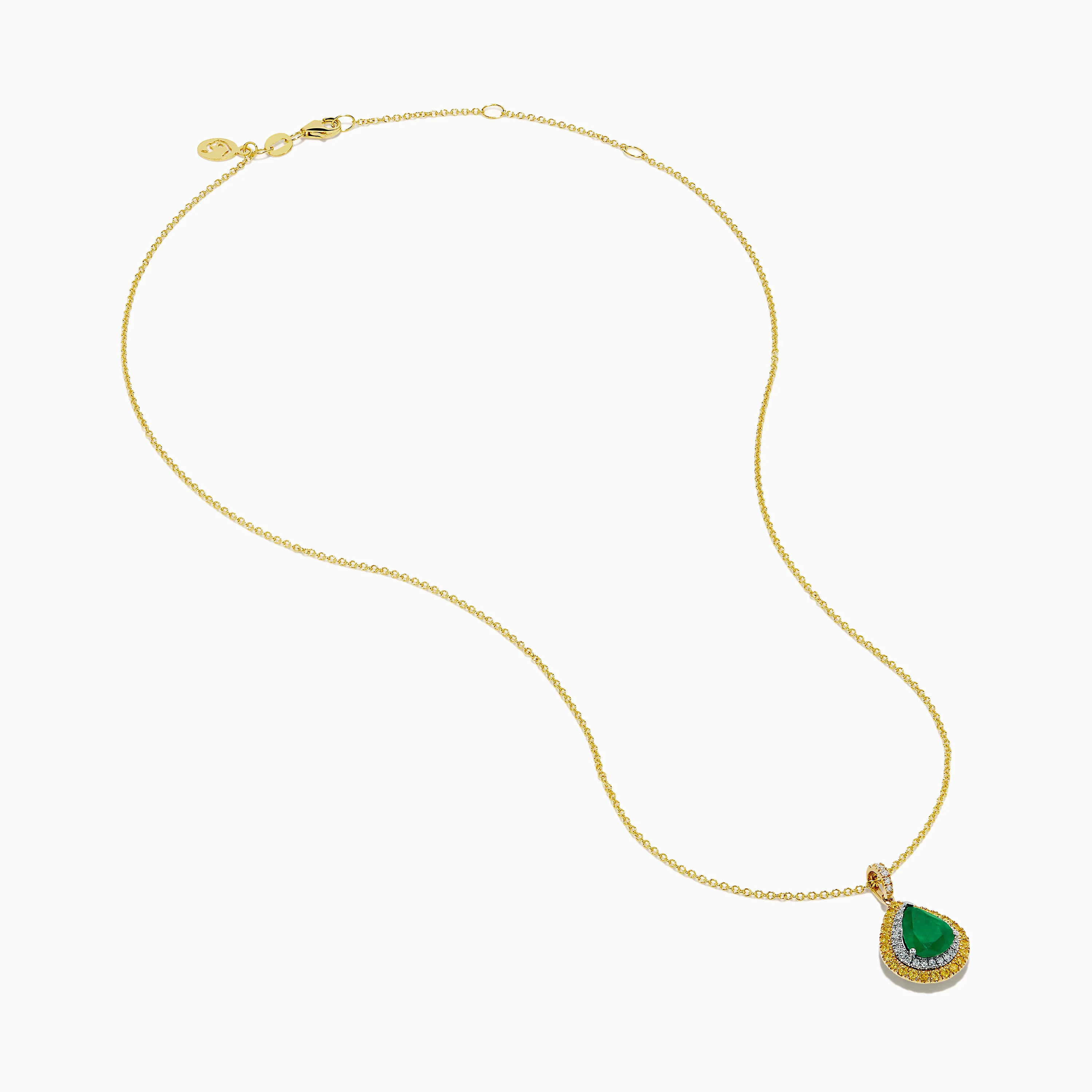 14K Two Tone Emerald Double Halo Pendant with Yellow and White Diamonds - Image 2