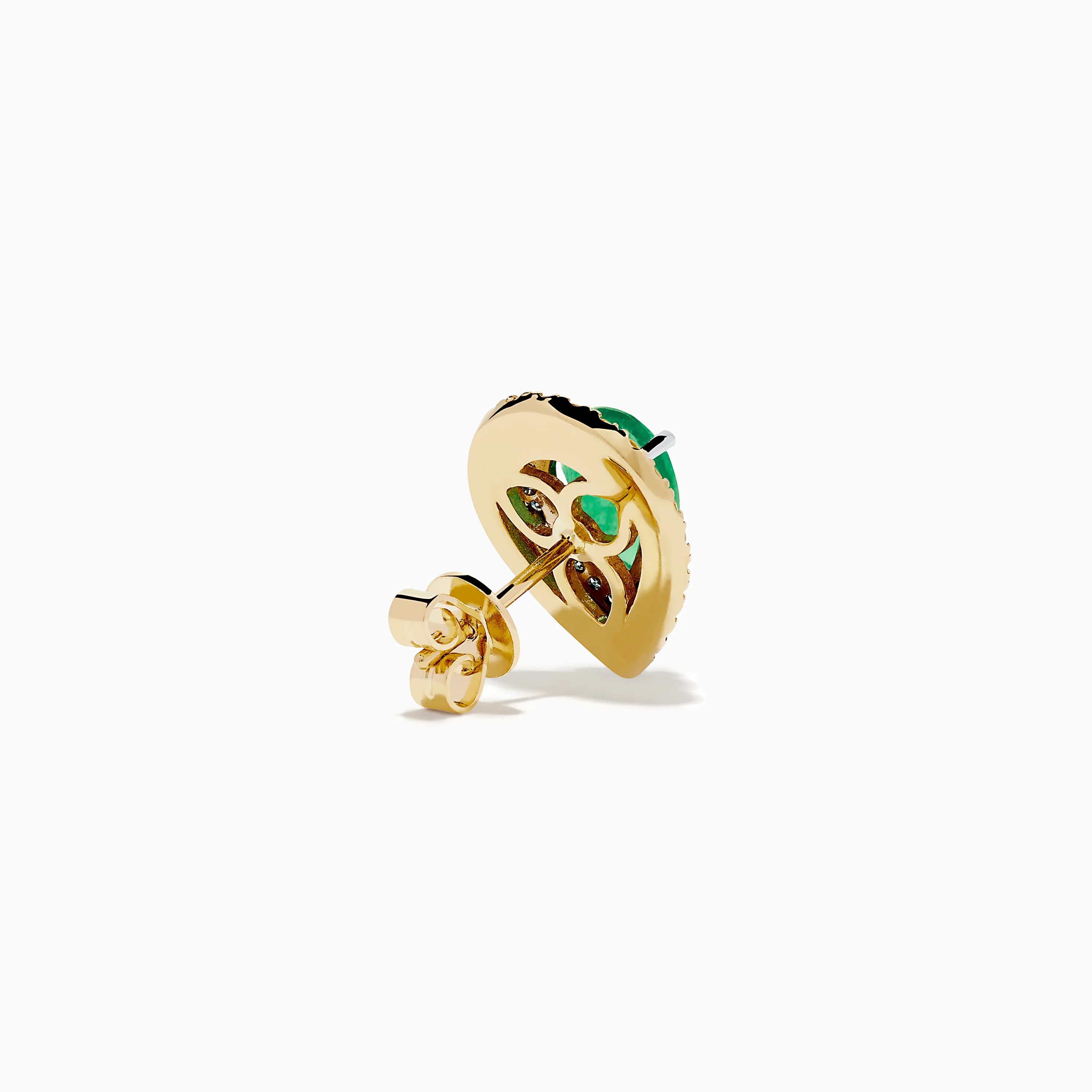 14K Two Tone Gold Emerald Double Halo Earrings with White and Yellow Diamonds - Image 4