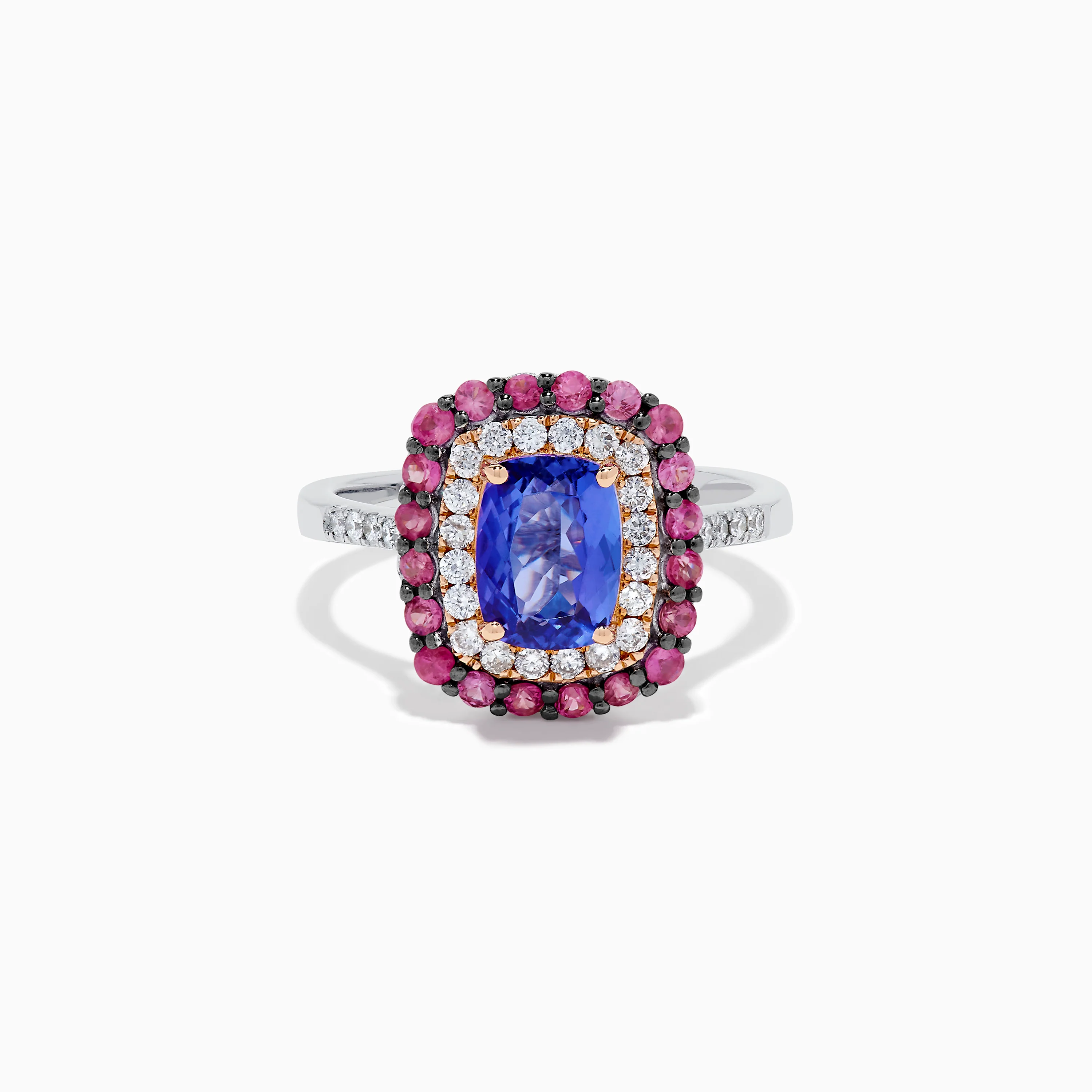 14K Two Tone Gold Tanzanite, Diamond, and Pink Sapphire Cushion Halo Ring