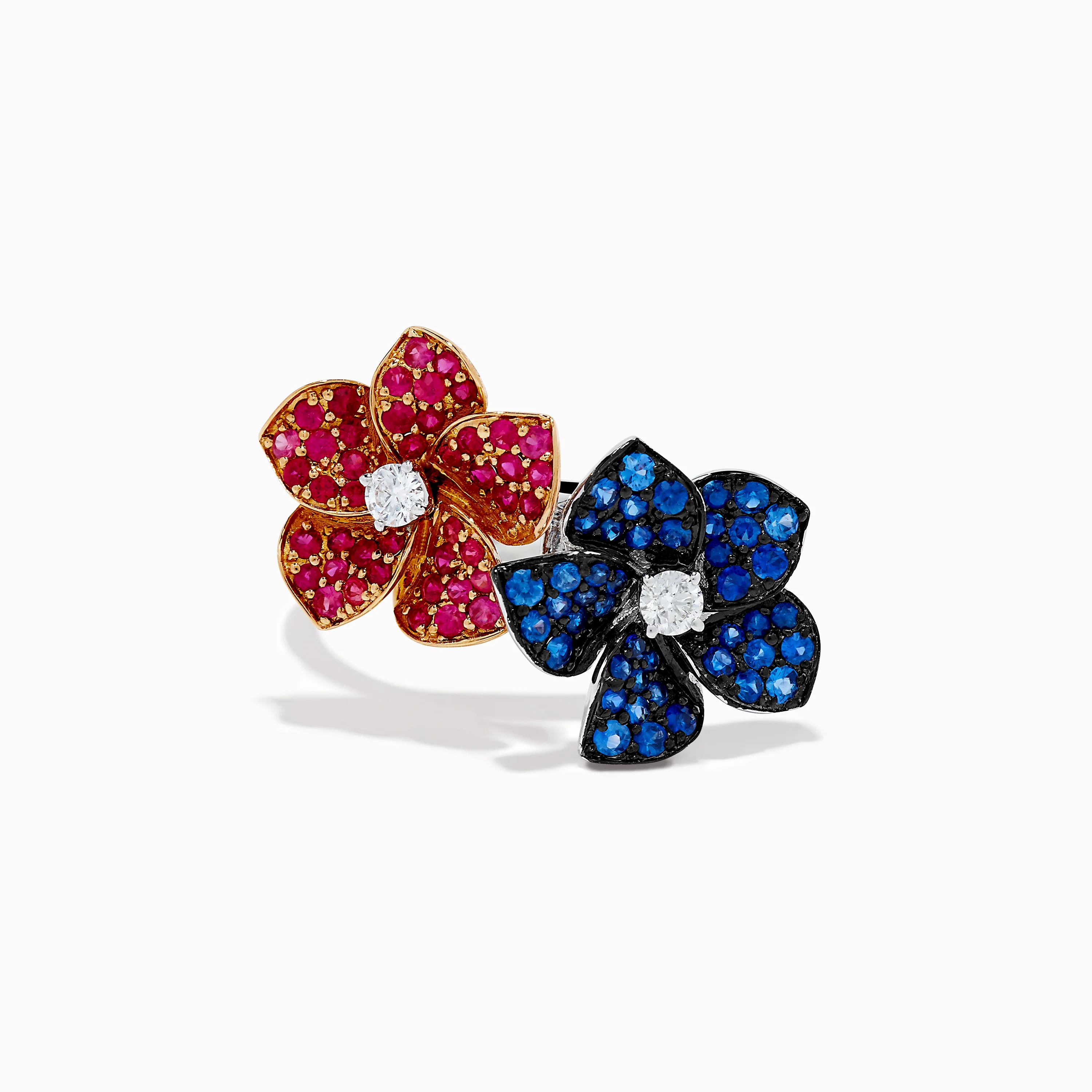 14K Two Tone Ruby, Sapphire, and Diamond Floral Bypass Ring
